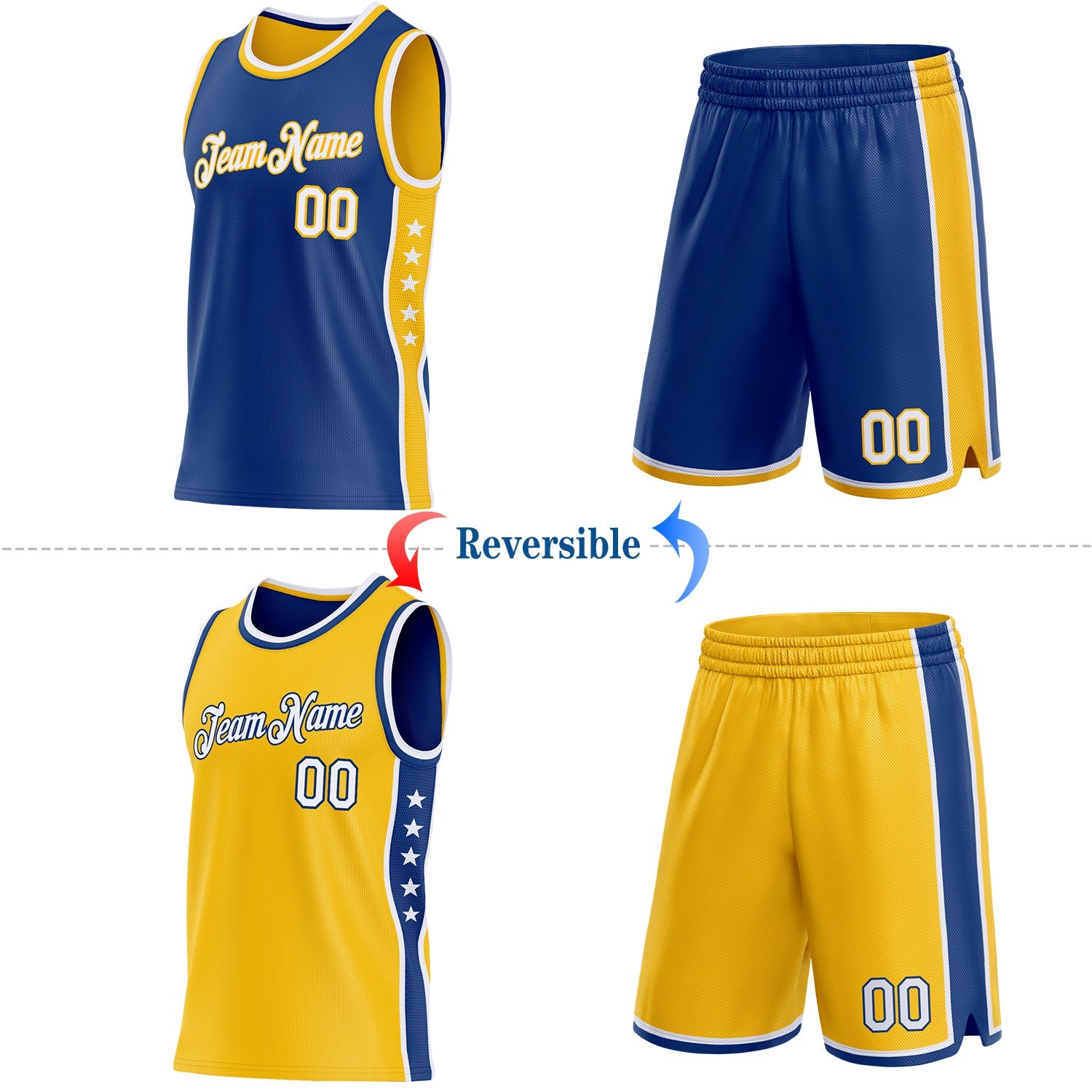 Custom Reversible Royal White-Gold Double Side Star Sublimation Basketball Set Jersey view 2