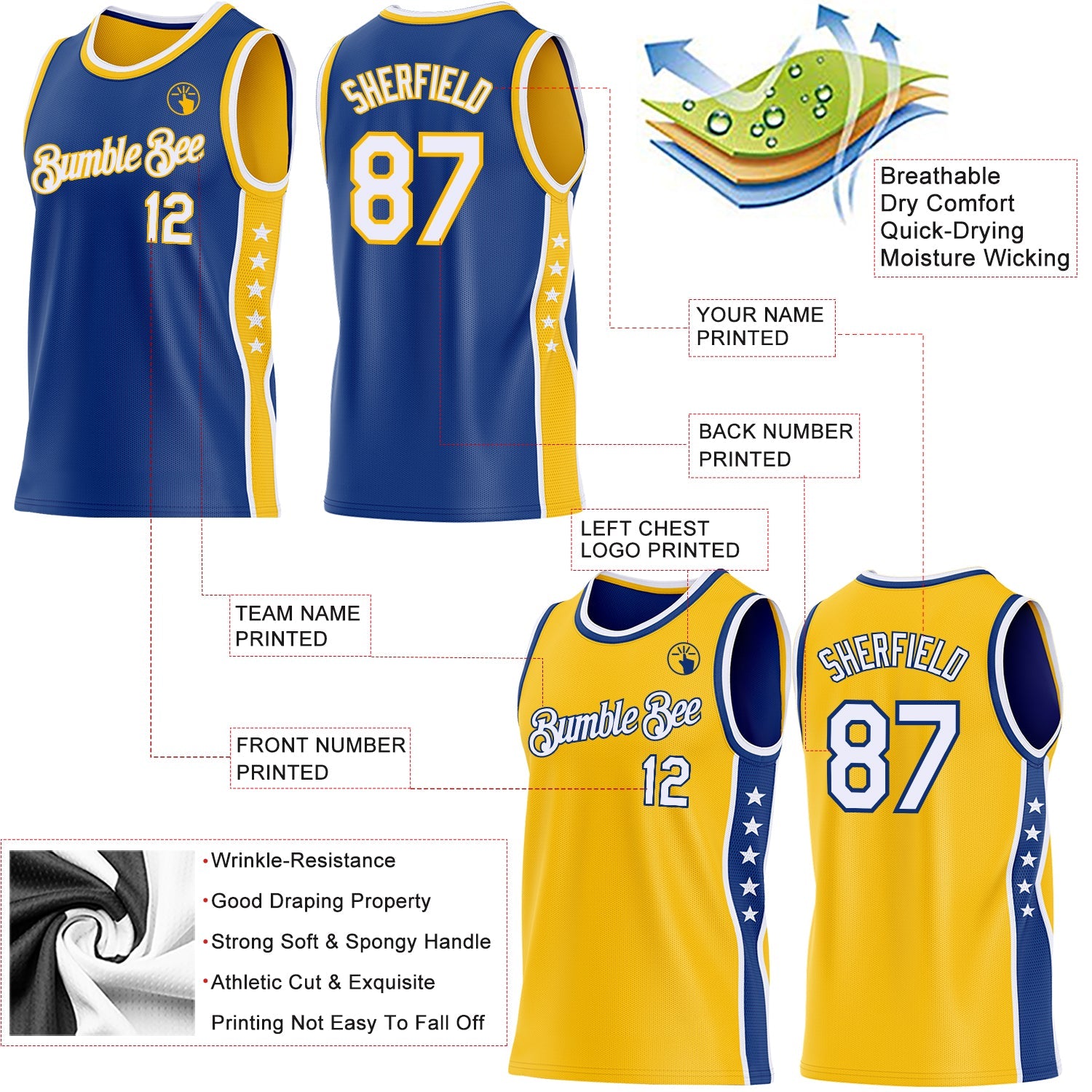 Custom Reversible Royal White-Gold Double Side Star Sublimation Basketball Set Jersey view 5