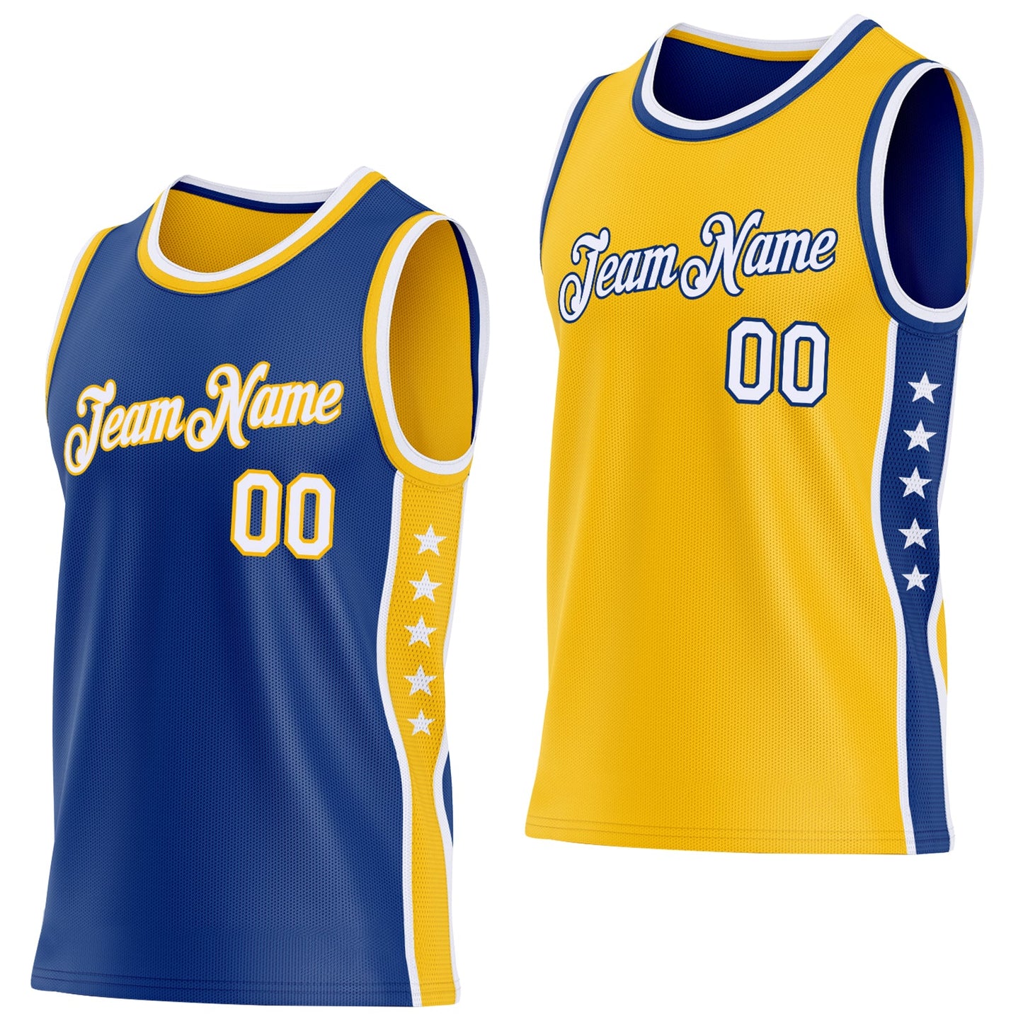 Custom Reversible Royal White-Gold Double Side Star Sublimation Basketball Set Jersey - Main View