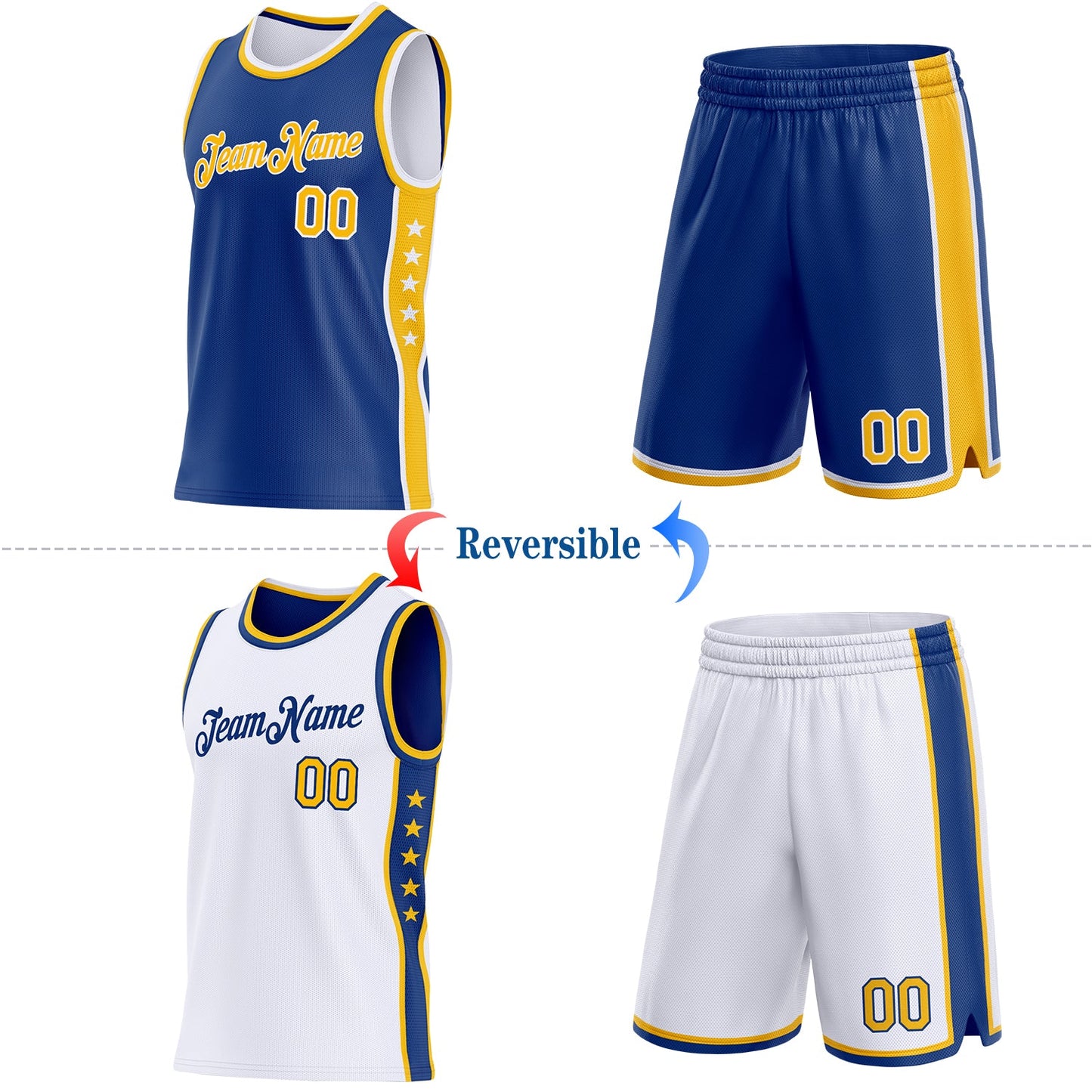 Custom Reversible Royal Gold-White Double Side Star Sublimation Basketball Set Jersey view 2