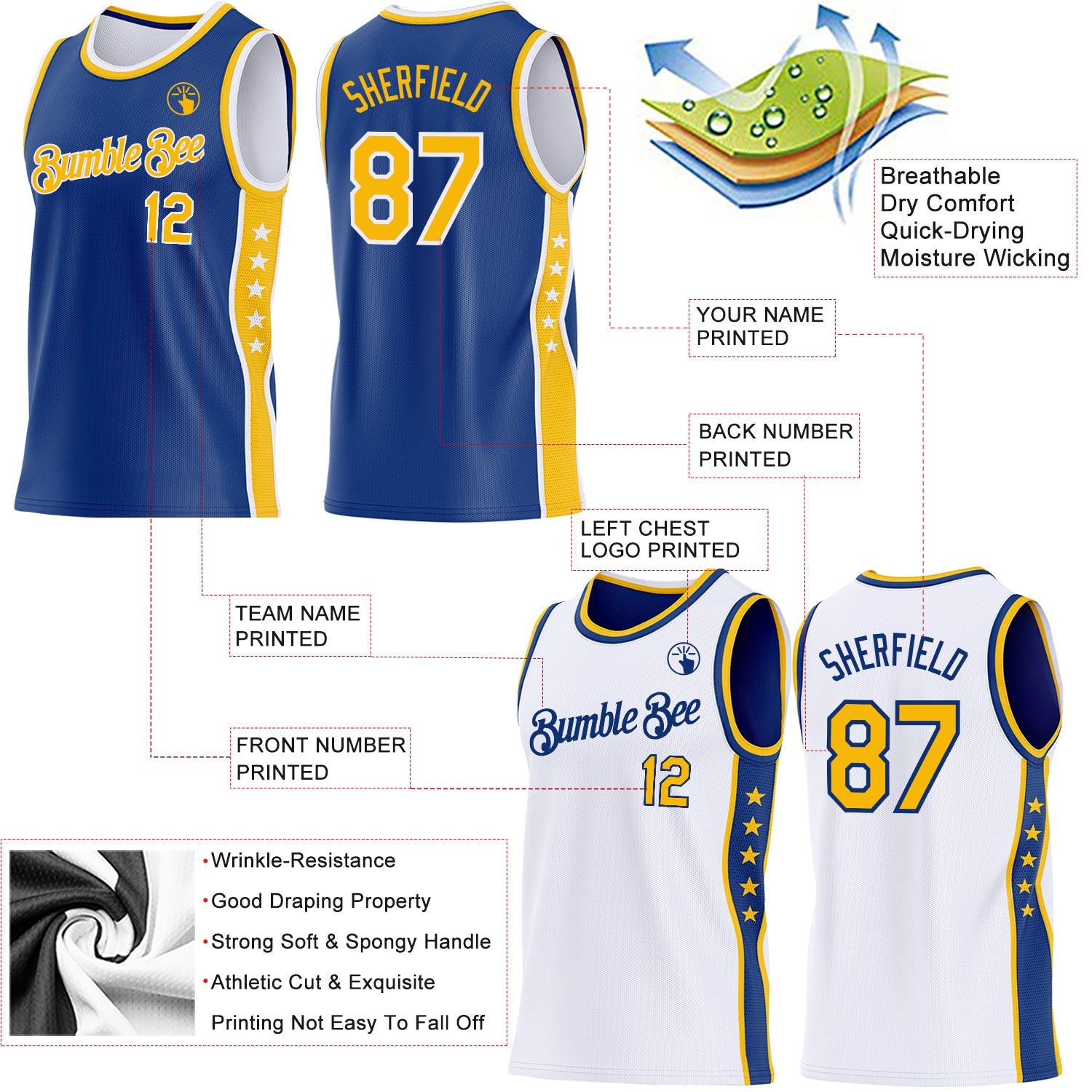 Custom Reversible Royal Gold-White Double Side Star Sublimation Basketball Set Jersey view 5