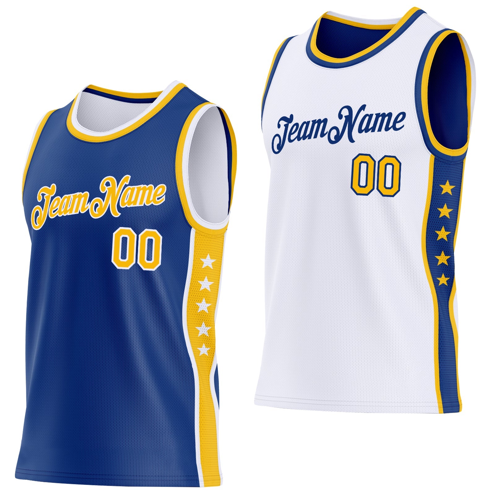 Custom Reversible Royal Gold-White Double Side Star Sublimation Basketball Set Jersey - Main View