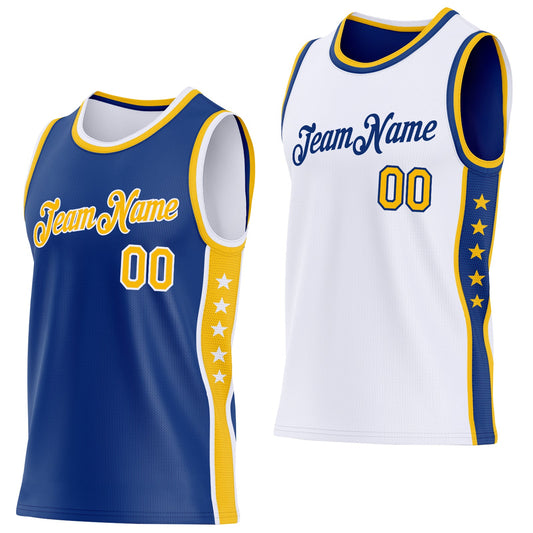 Custom Reversible Royal Gold-White Double Side Star Sublimation Basketball Set Jersey - Main View