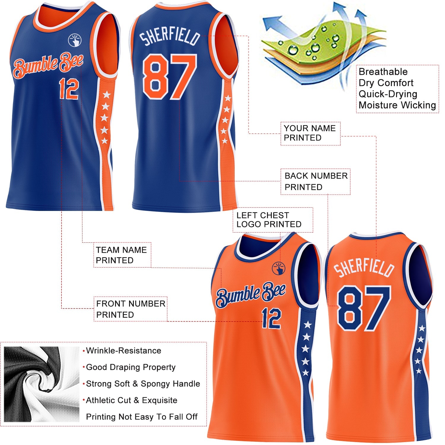 Custom Reversible Royal Orange-White Double Side Star Sublimation Basketball Set Jersey view 5