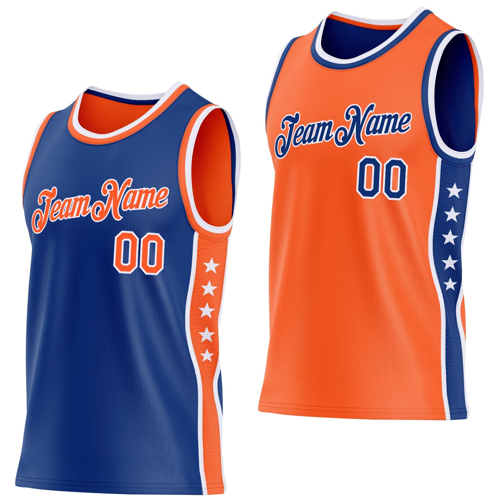 Custom Reversible Royal Orange-White Double Side Star Sublimation Basketball Set Jersey - Main View