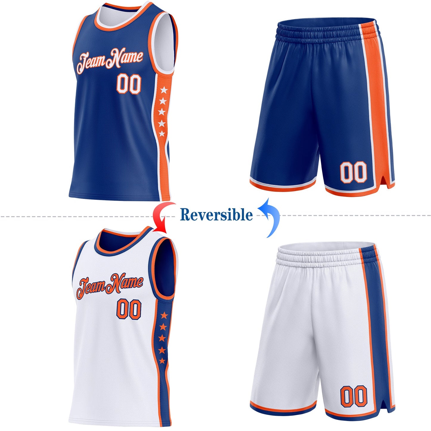 Custom Reversible Royal White-Orange Double Side Star Sublimation Basketball Set Jersey view 2