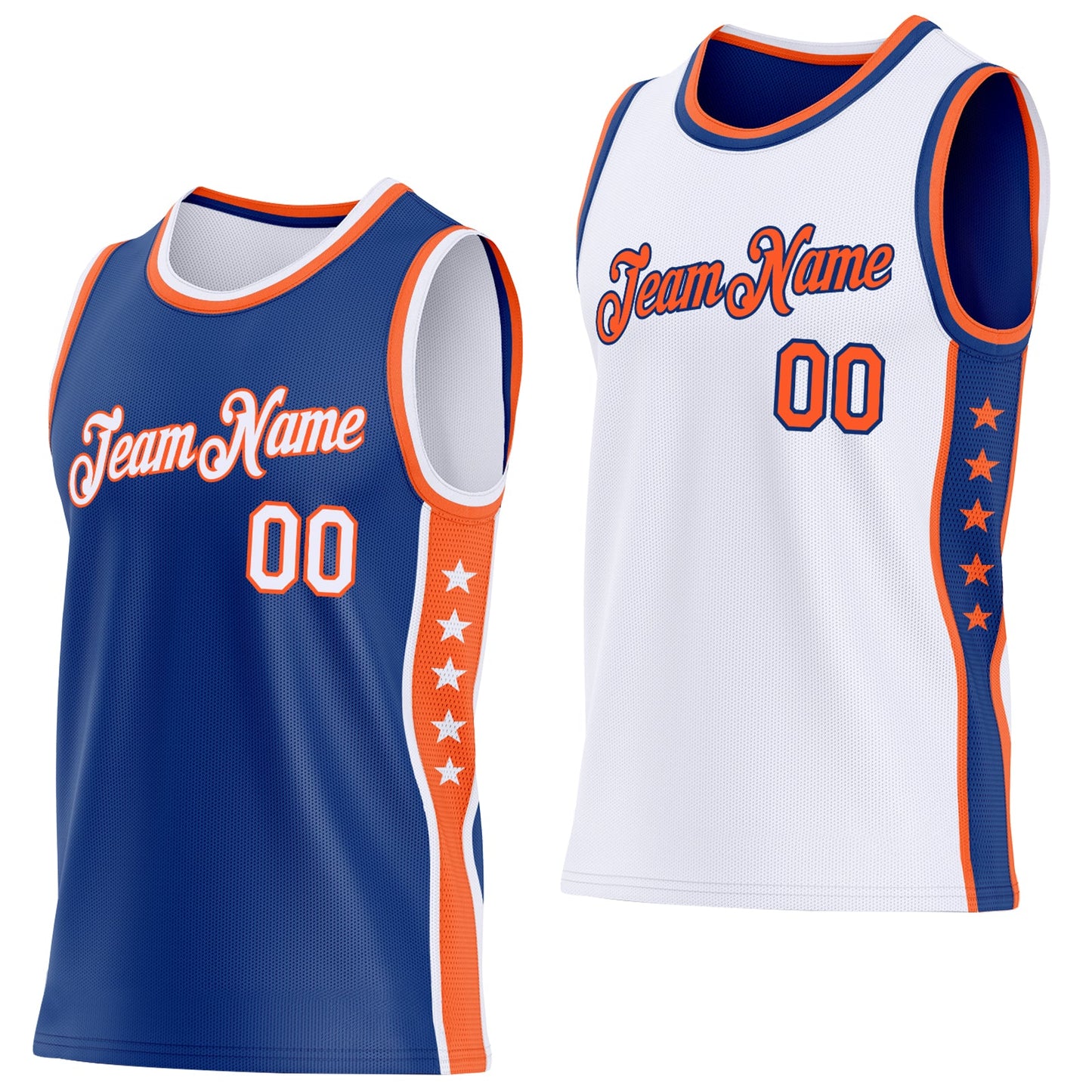 Custom Reversible Royal White-Orange Double Side Star Sublimation Basketball Set Jersey - Main View