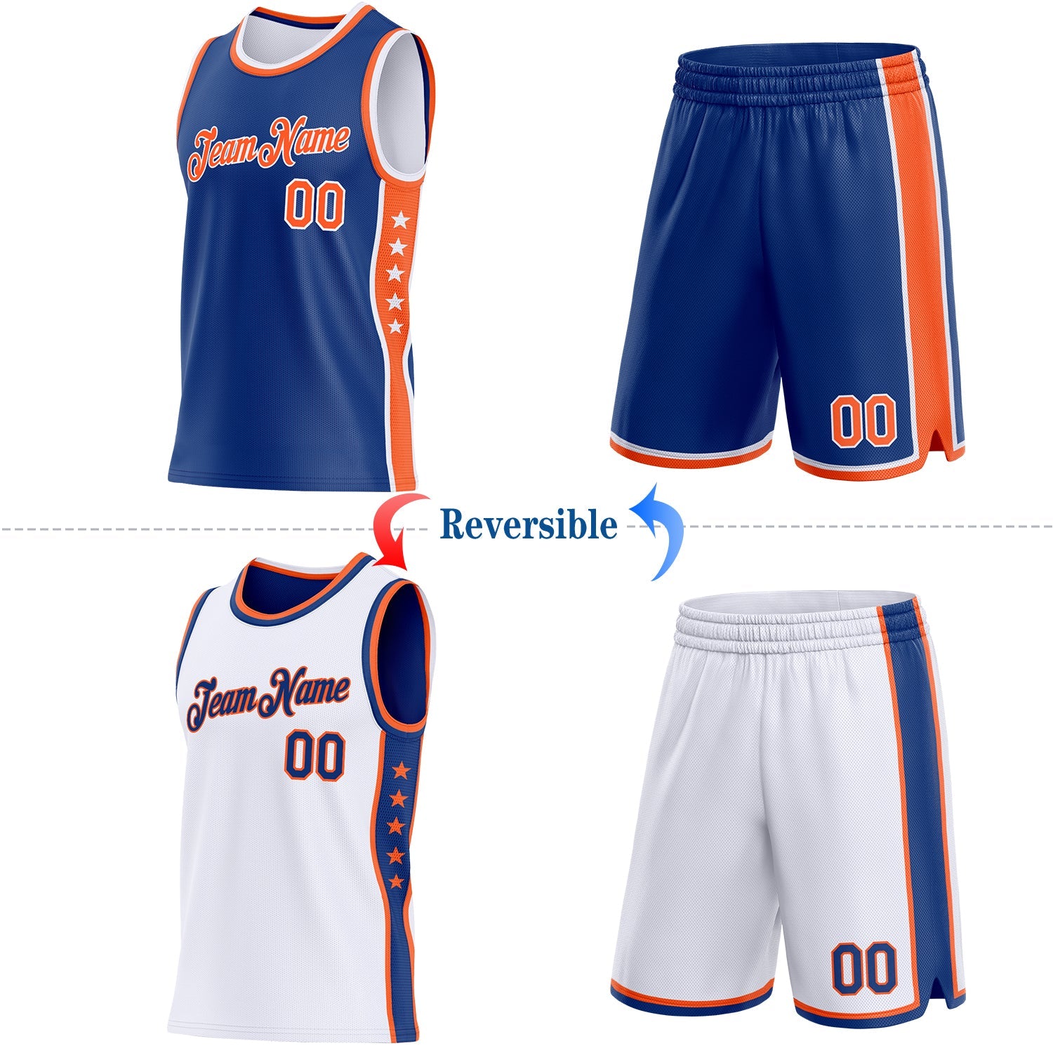 Custom Reversible Royal Orange-White Double Side Star Sublimation Basketball Set Jersey view 2