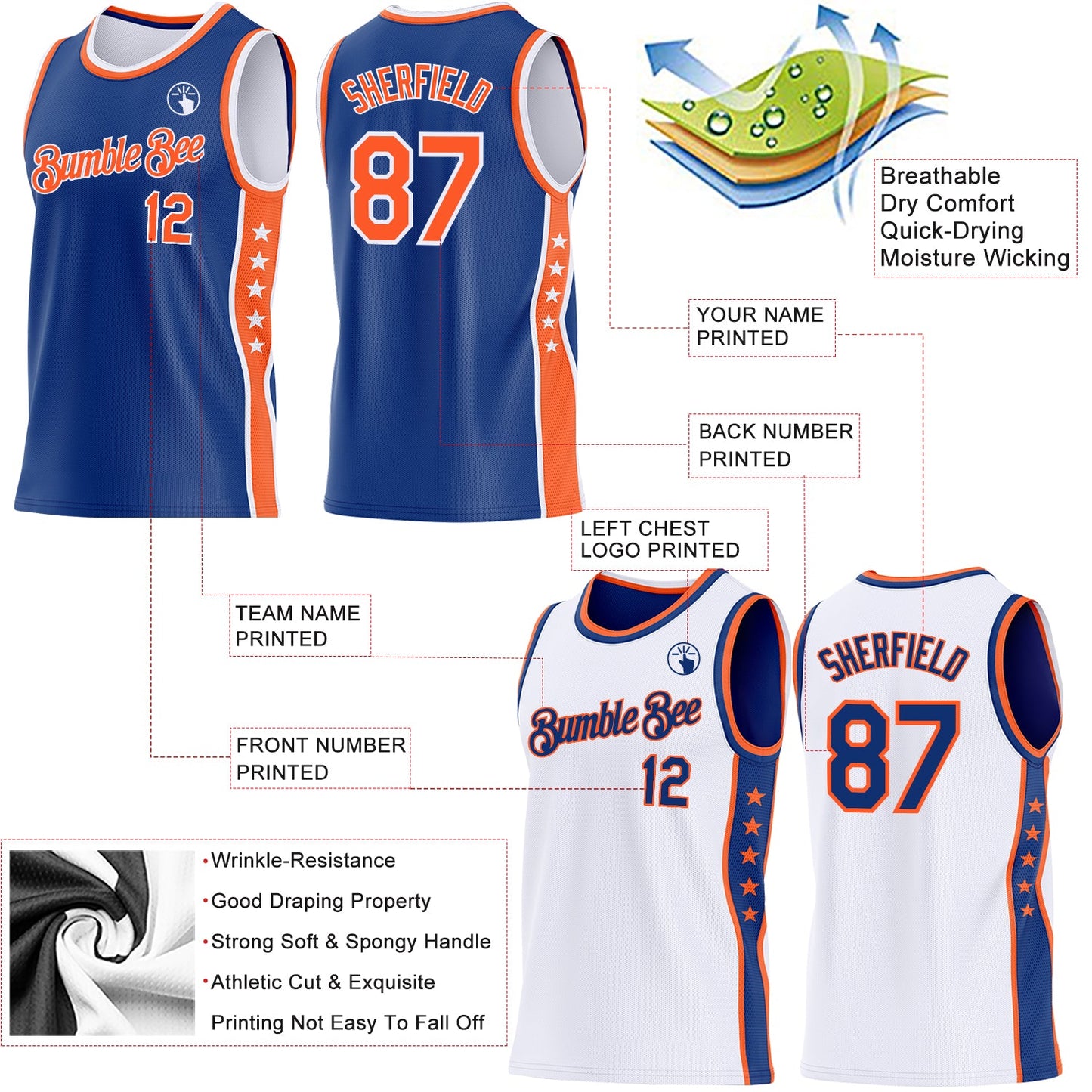 Custom Reversible Royal Orange-White Double Side Star Sublimation Basketball Set Jersey view 5