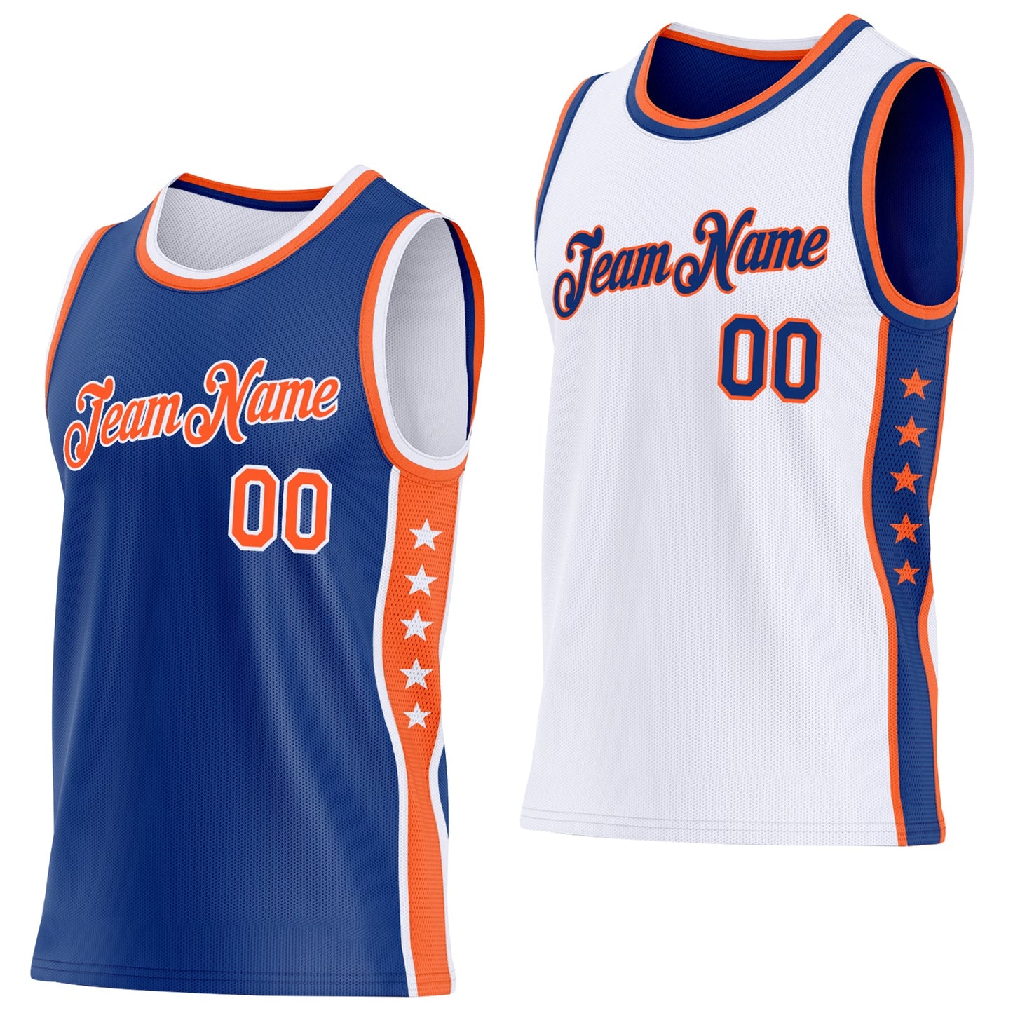 Custom Reversible Royal Orange-White Double Side Star Sublimation Basketball Set Jersey - Main View