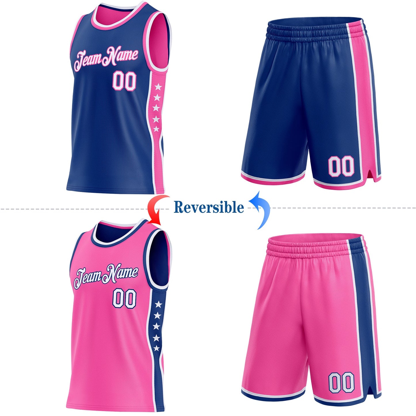 Custom Reversible Royal White-Pink Double Side Star Sublimation Basketball Set Jersey view 2