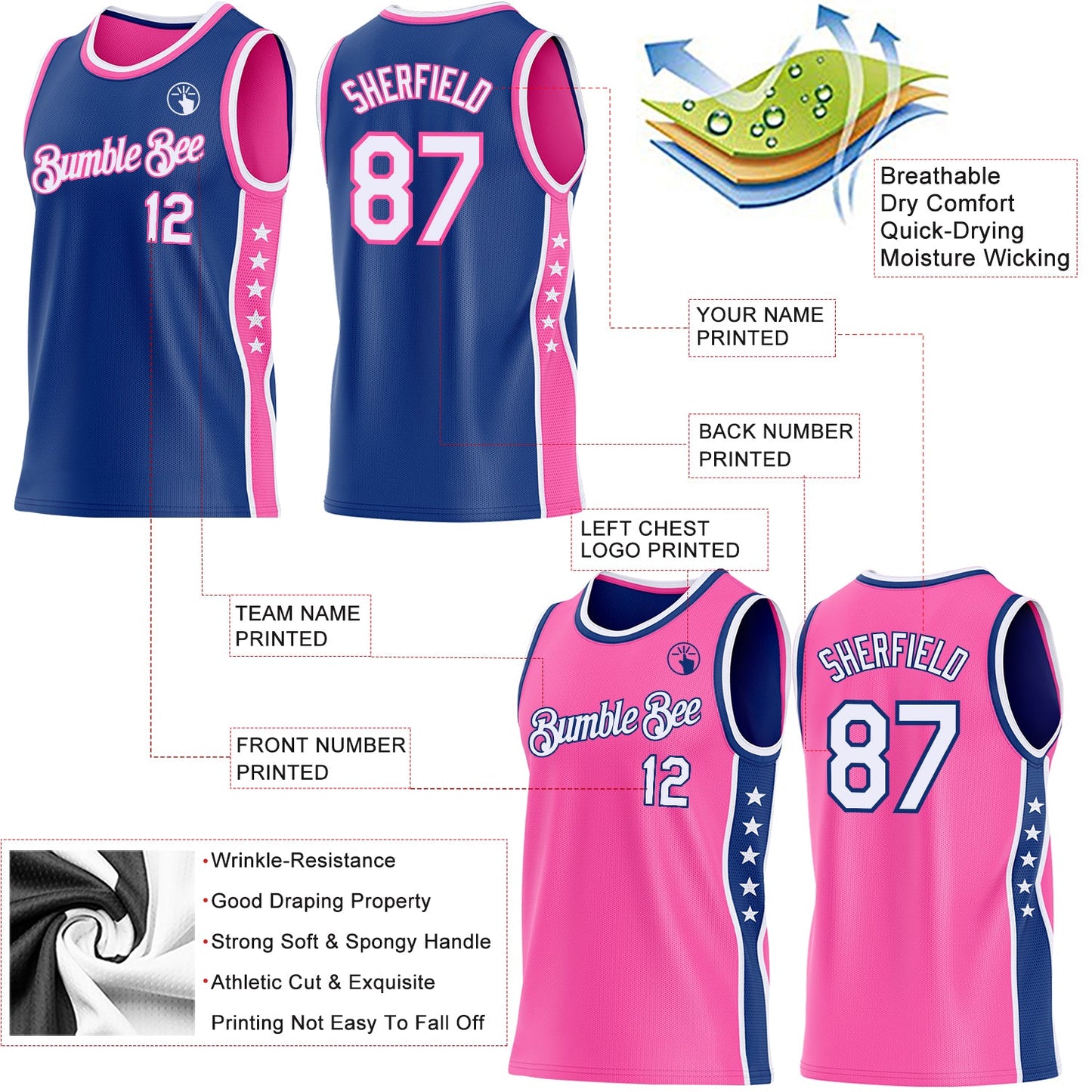 Custom Reversible Royal White-Pink Double Side Star Sublimation Basketball Set Jersey view 5