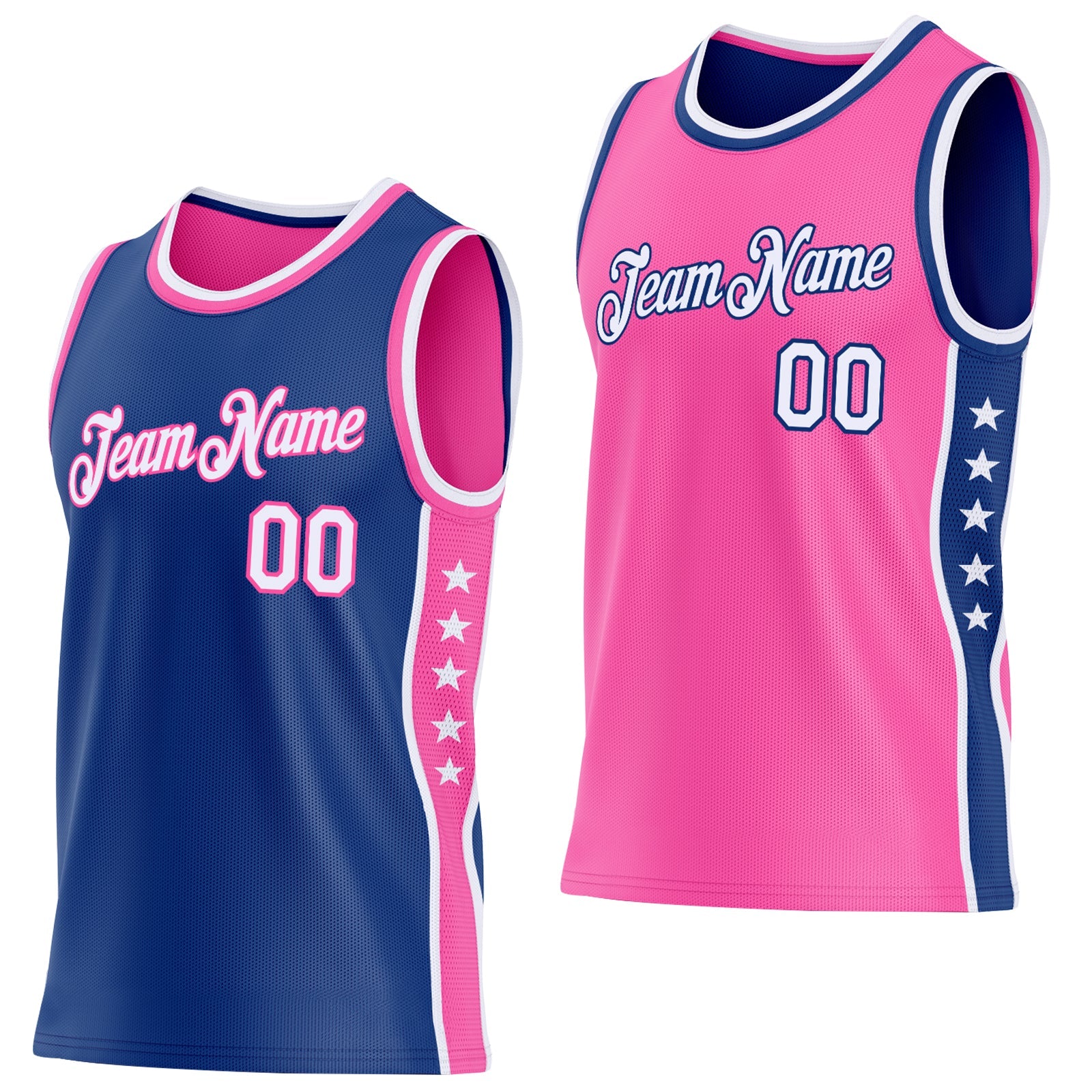 Custom Reversible Royal White-Pink Double Side Star Sublimation Basketball Set Jersey - Main View
