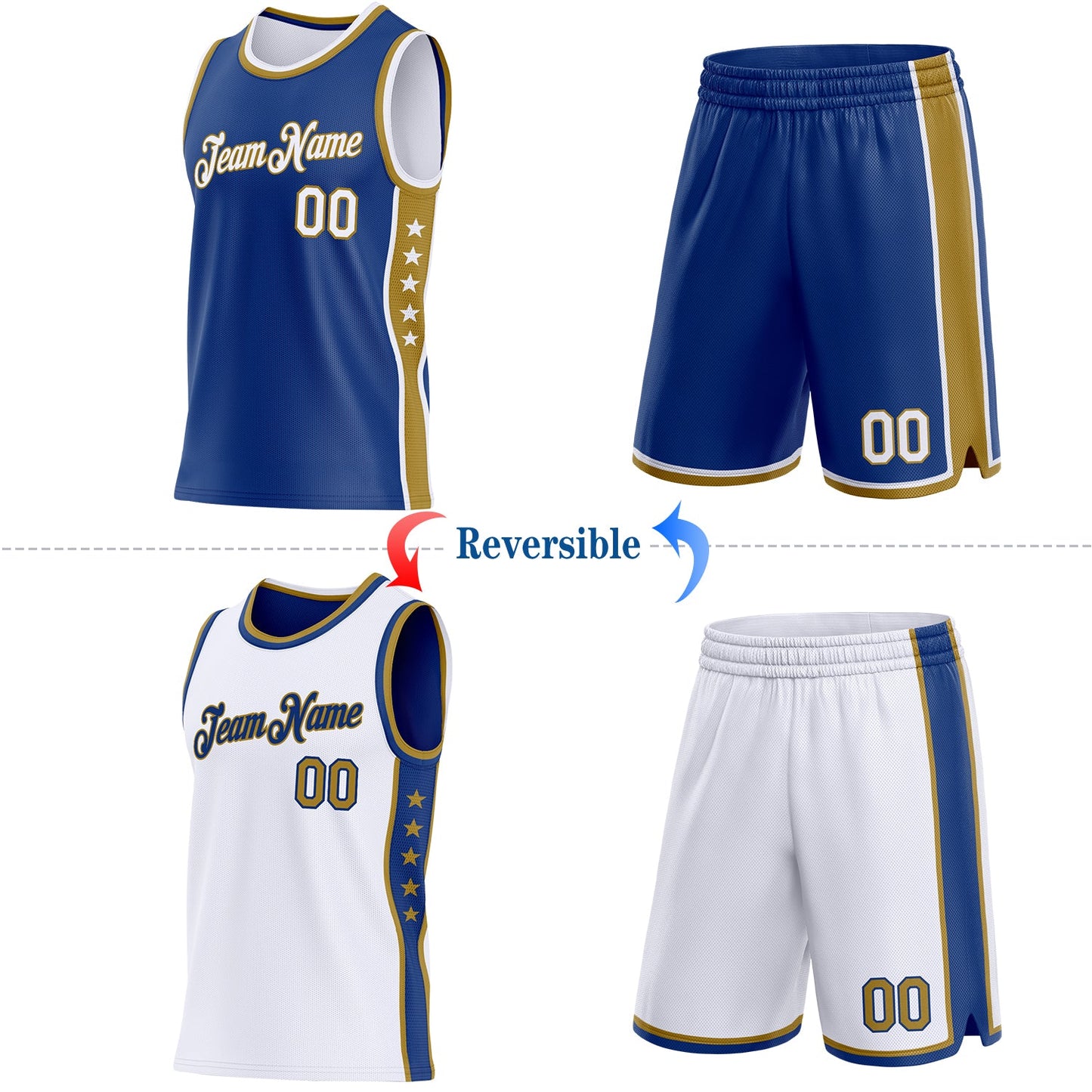 Custom Reversible Royal White-Old Gold Double Side Star Sublimation Basketball Set Jersey view 2