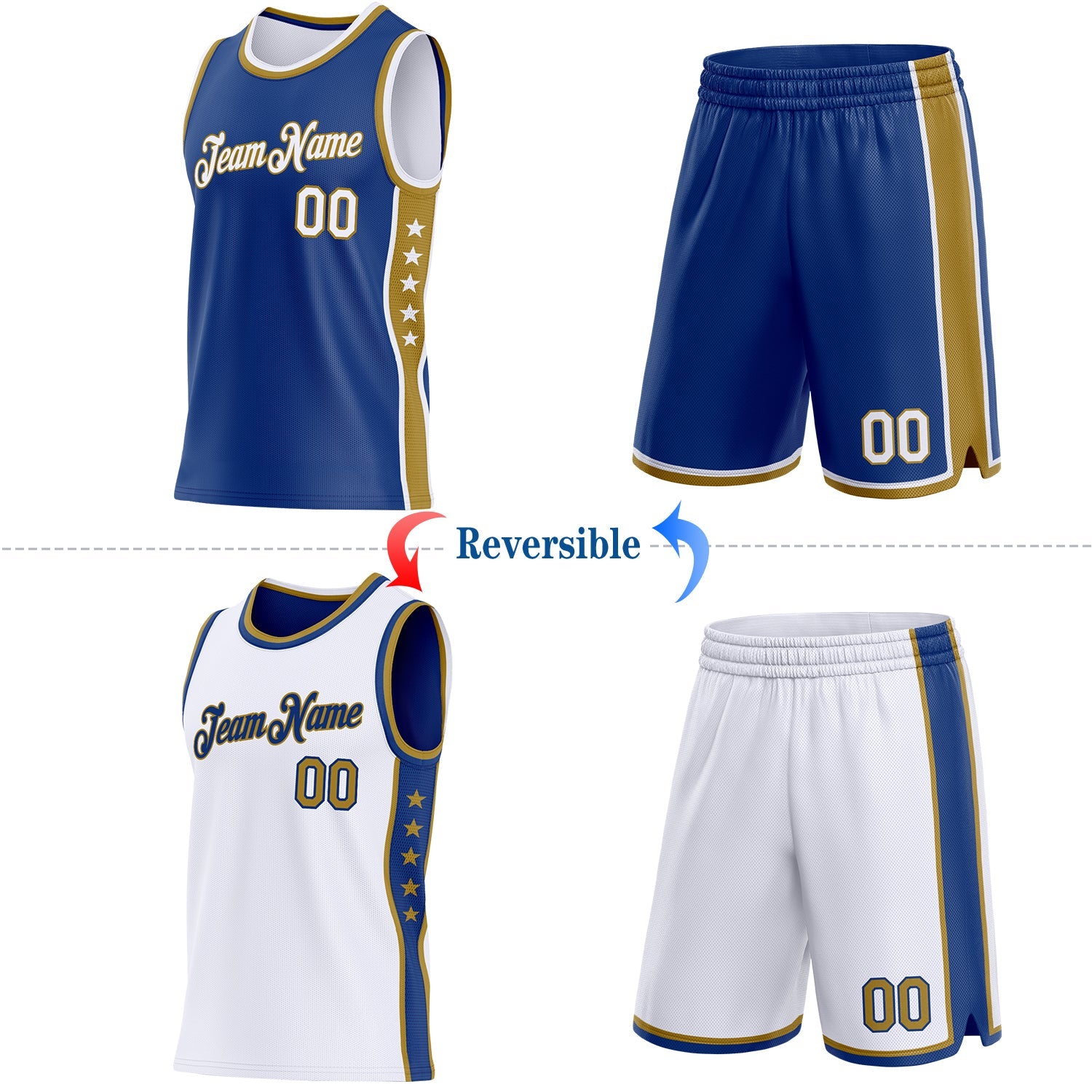 Custom Reversible Royal White-Old Gold Double Side Star Sublimation Basketball Set Jersey view 2