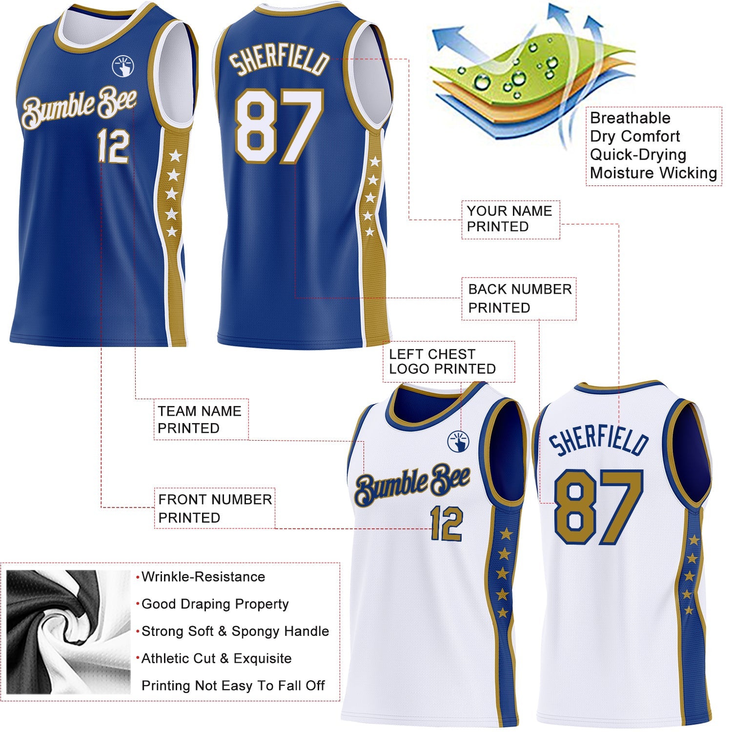 Custom Reversible Royal White-Old Gold Double Side Star Sublimation Basketball Set Jersey view 5
