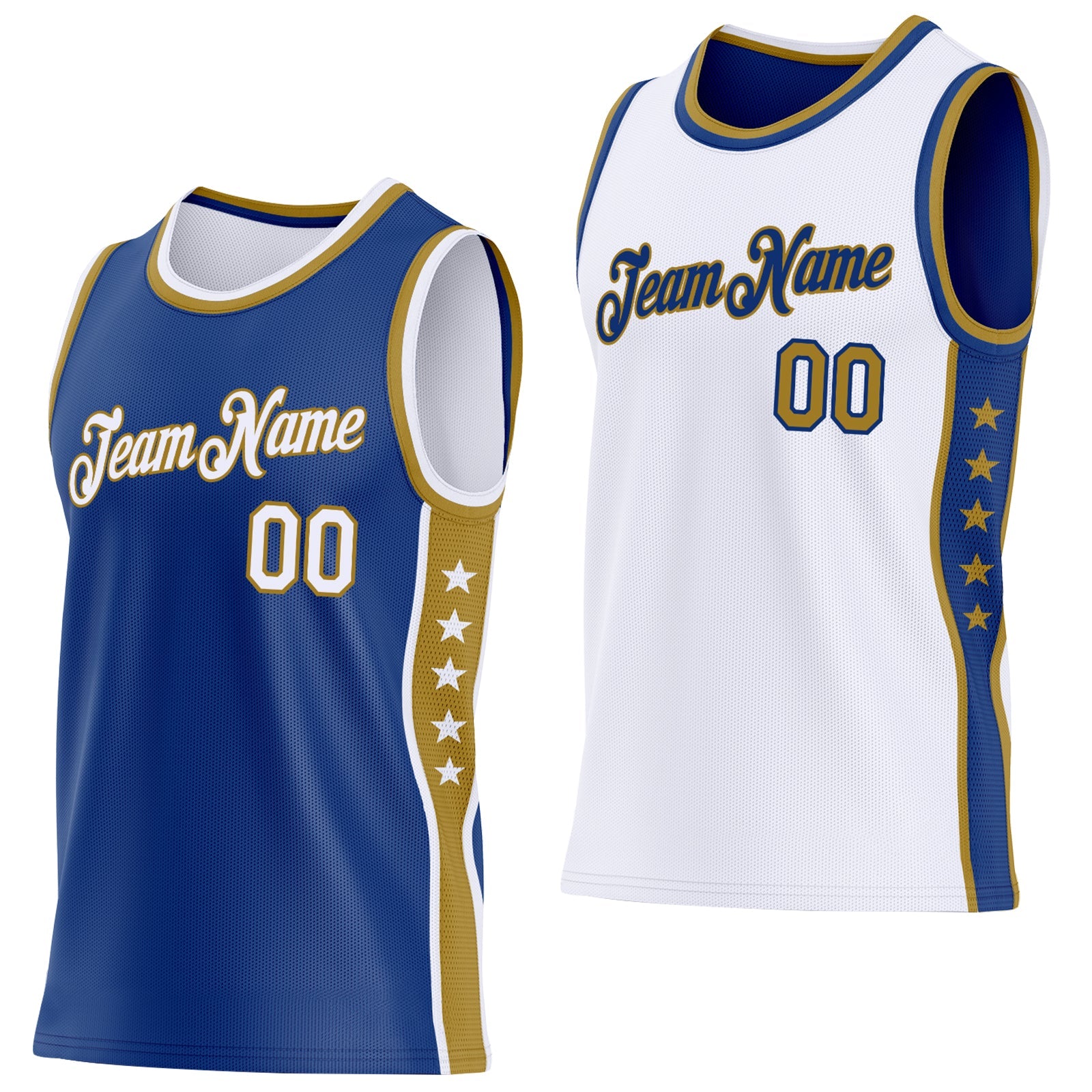 Custom Reversible Royal White-Old Gold Double Side Star Sublimation Basketball Set Jersey - Main View