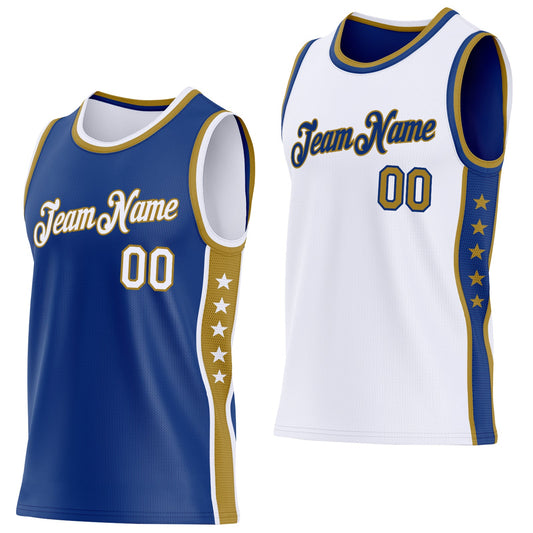 Custom Reversible Royal White-Old Gold Double Side Star Sublimation Basketball Set Jersey - Main View