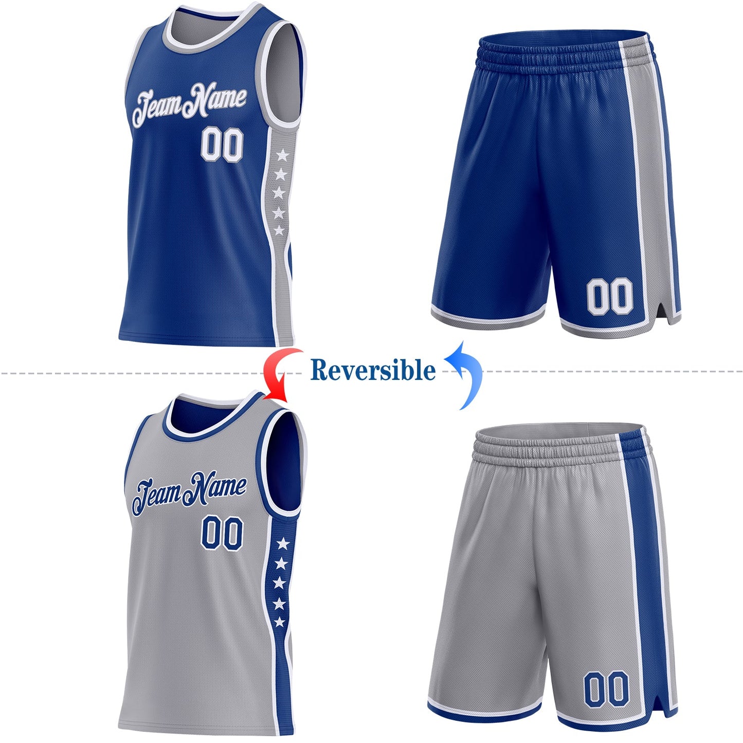 Custom Reversible Royal White-Gray Double Side Star Sublimation Basketball Set Jersey view 2