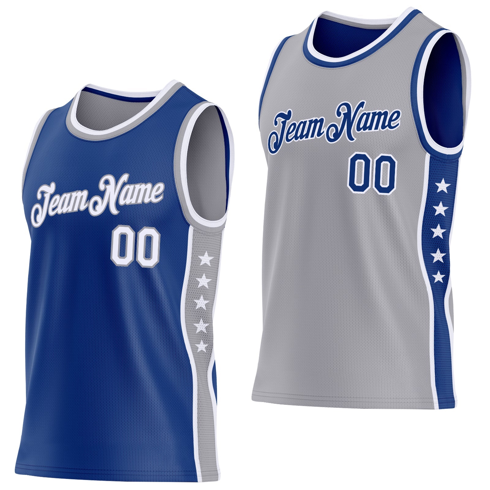 Custom Reversible Royal White-Gray Double Side Star Sublimation Basketball Set Jersey - Main View