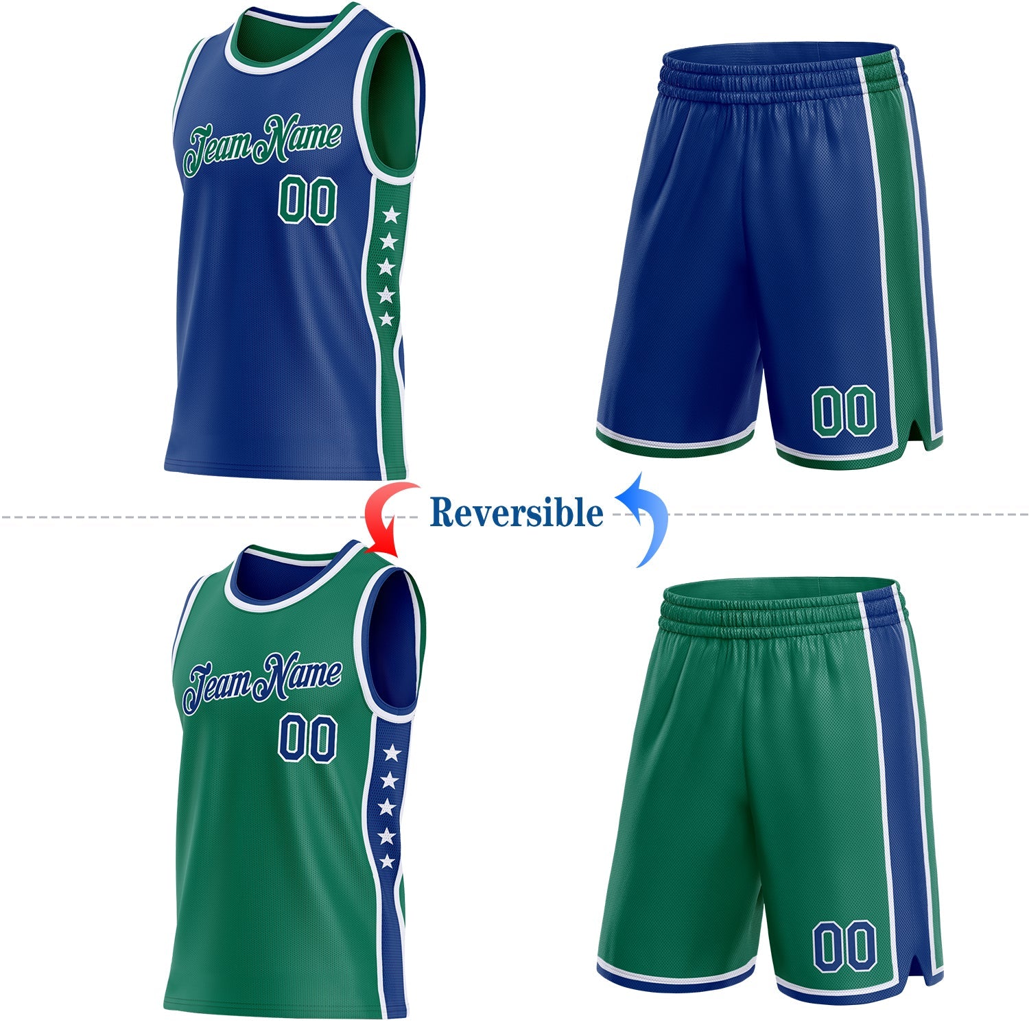 Custom Reversible Royal Kelly Green-White Double Side Star Sublimation Basketball Set Jersey view 2