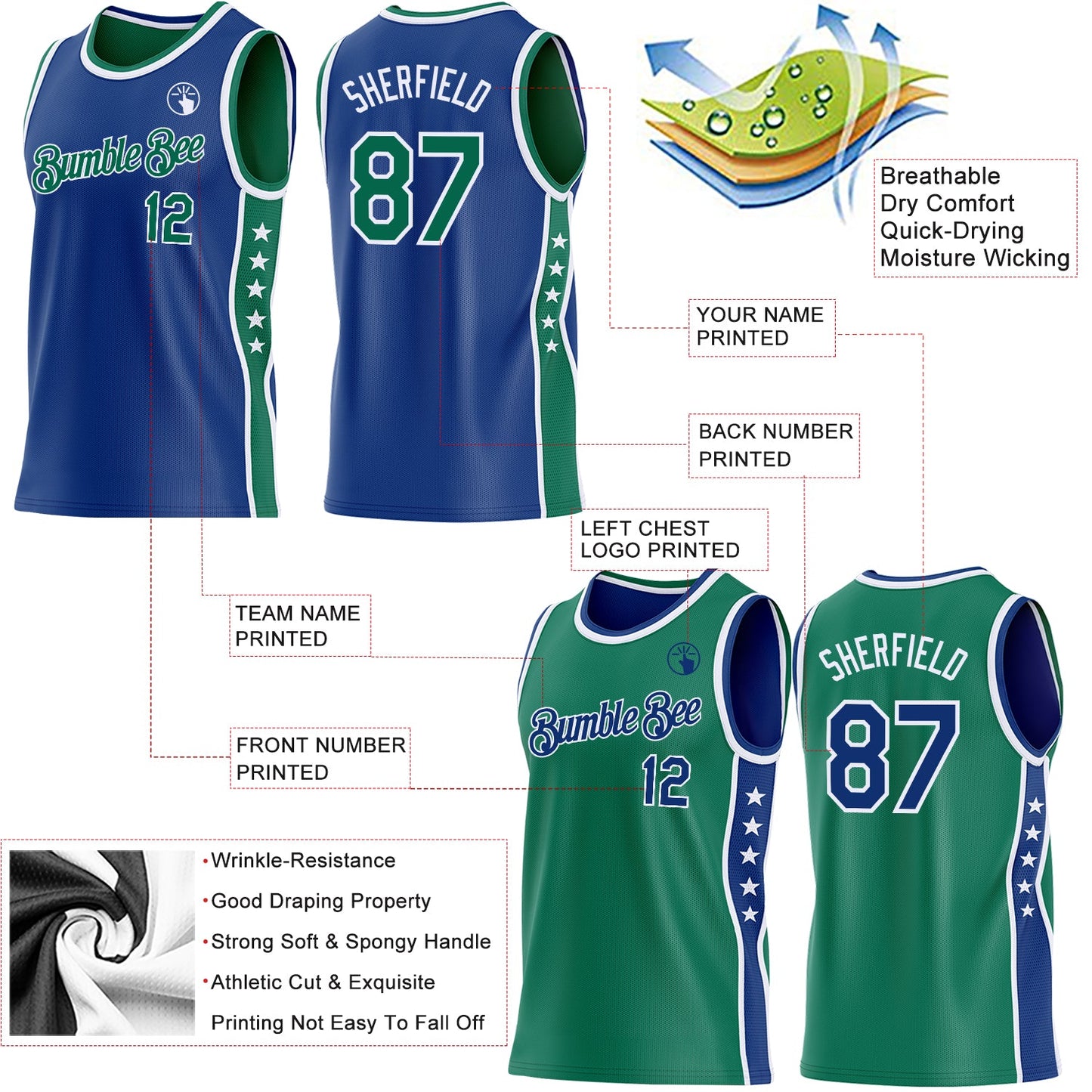 Custom Reversible Royal Kelly Green-White Double Side Star Sublimation Basketball Set Jersey view 5