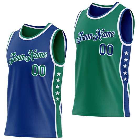 Custom Reversible Royal Kelly Green-White Double Side Star Sublimation Basketball Set Jersey - Main View