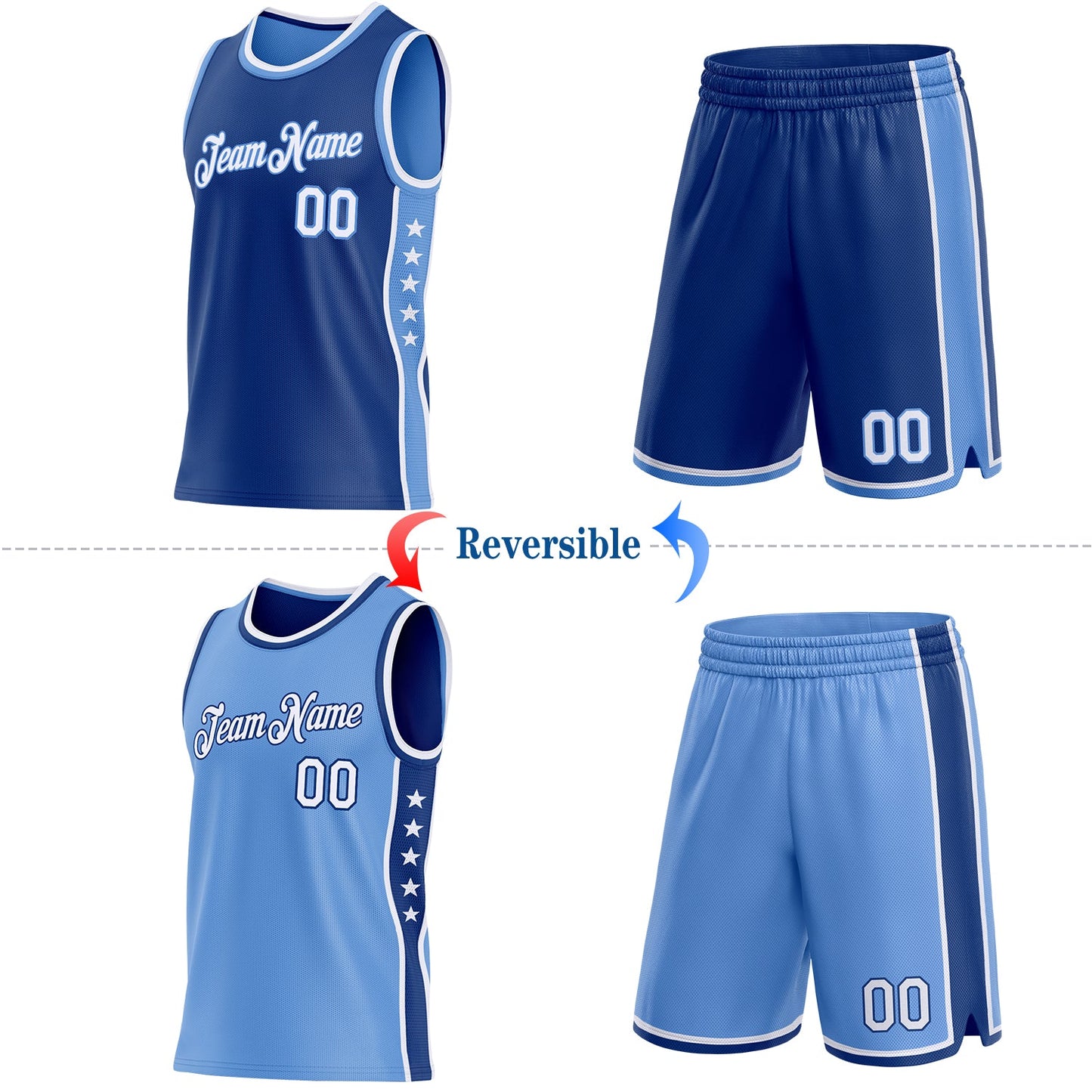 Custom Reversible Royal White-Lakes Blue Double Side Star Sublimation Basketball Set Jersey view 2