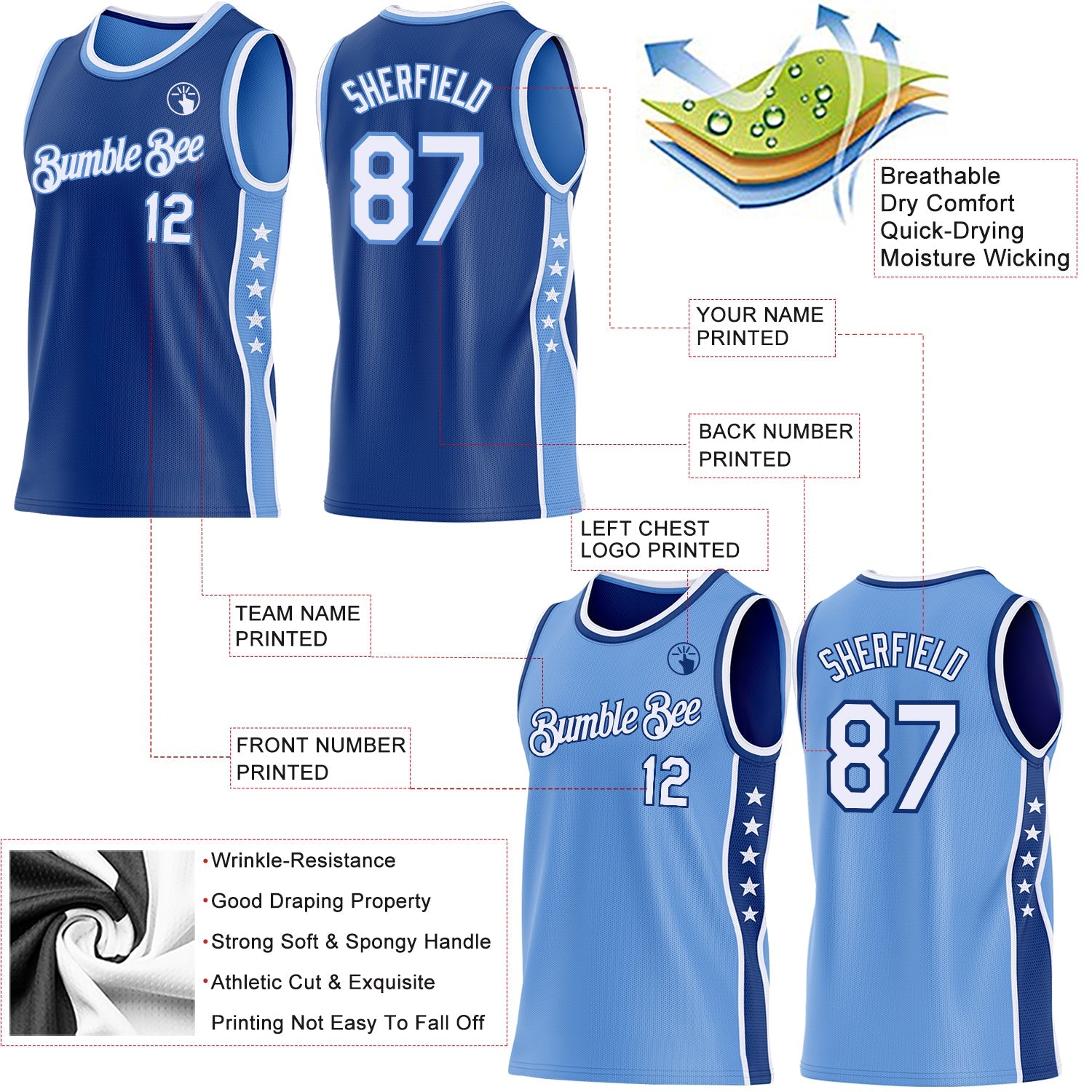 Custom Reversible Royal White-Lakes Blue Double Side Star Sublimation Basketball Set Jersey view 5