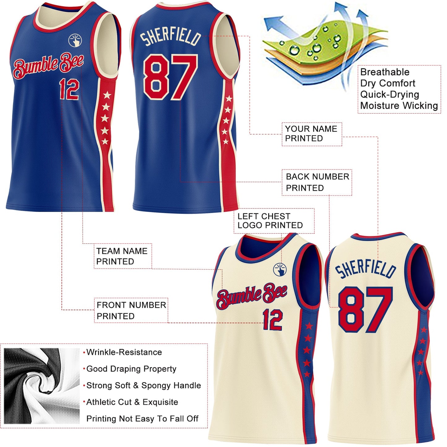 Custom Reversible Royal Red-Cream Double Side Star Sublimation Basketball Set Jersey view 5