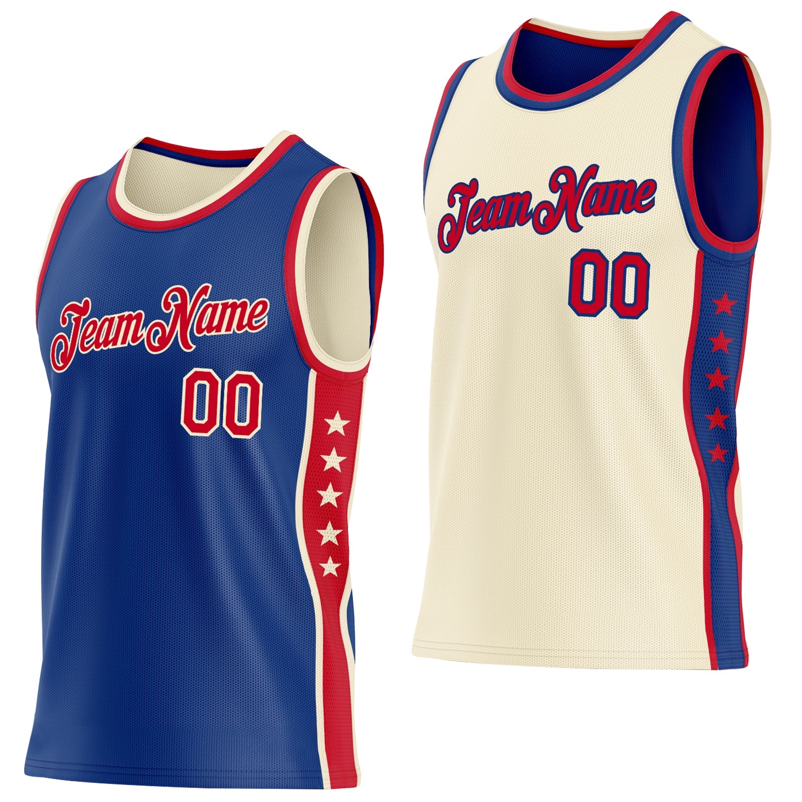 Custom Reversible Royal Red-Cream Double Side Star Sublimation Basketball Set Jersey - Main View