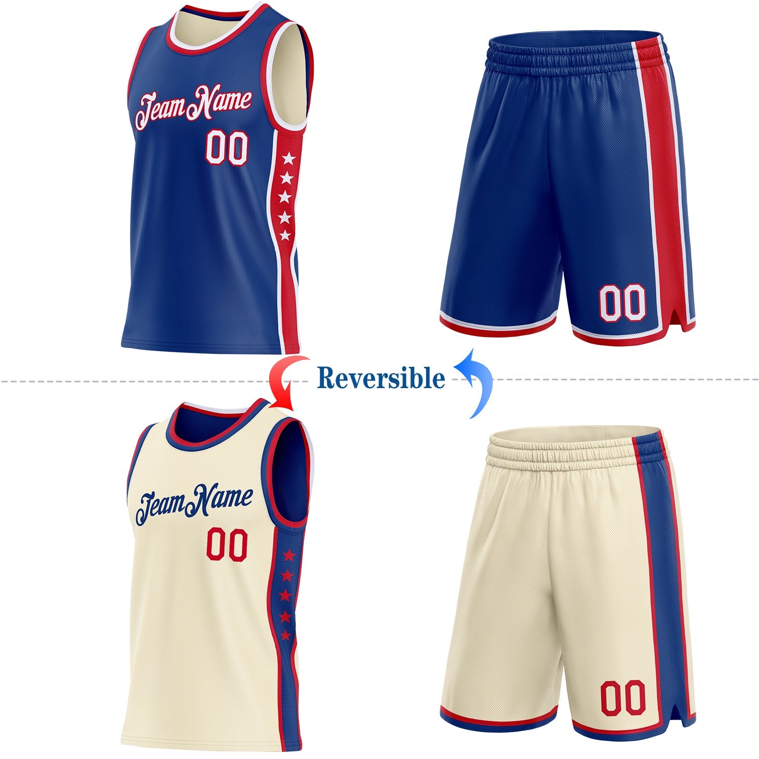 Custom Reversible Royal White-Red Double Side Star Sublimation Basketball Set Jersey view 2
