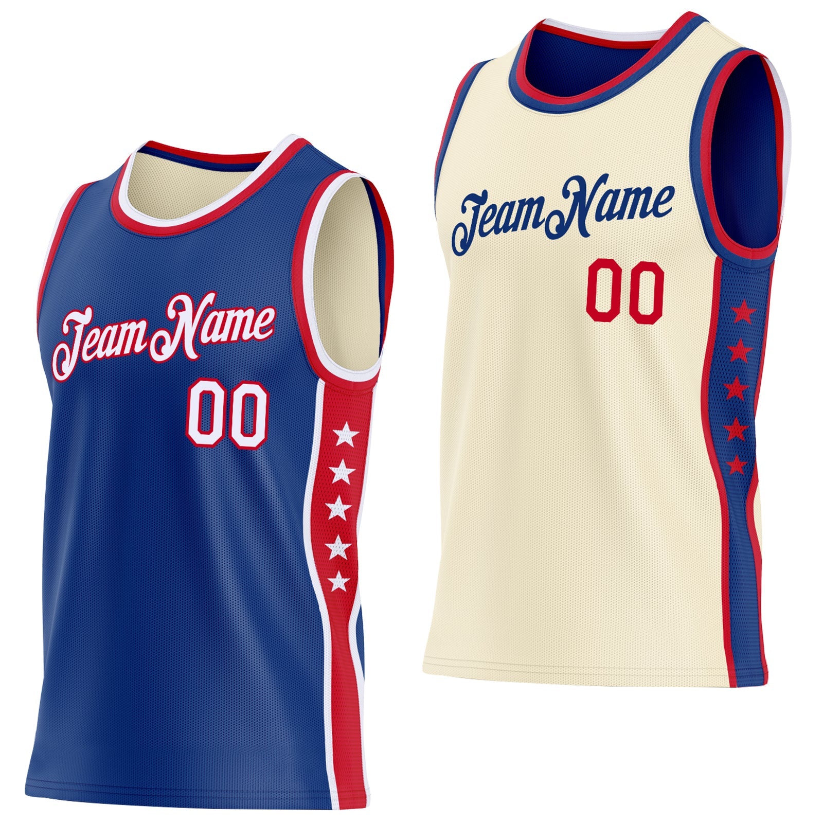 Custom Reversible Royal White-Red Double Side Star Sublimation Basketball Set Jersey - Main View