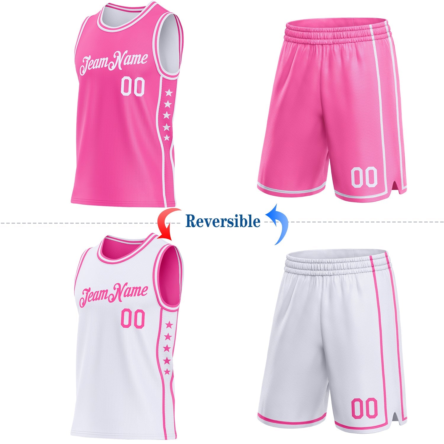 Custom Reversible Pink White Double Side Star Sublimation Basketball Set Jersey view 2