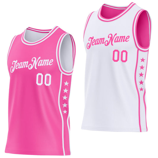 Custom Reversible Pink White Double Side Star Sublimation Basketball Set Jersey - Main View