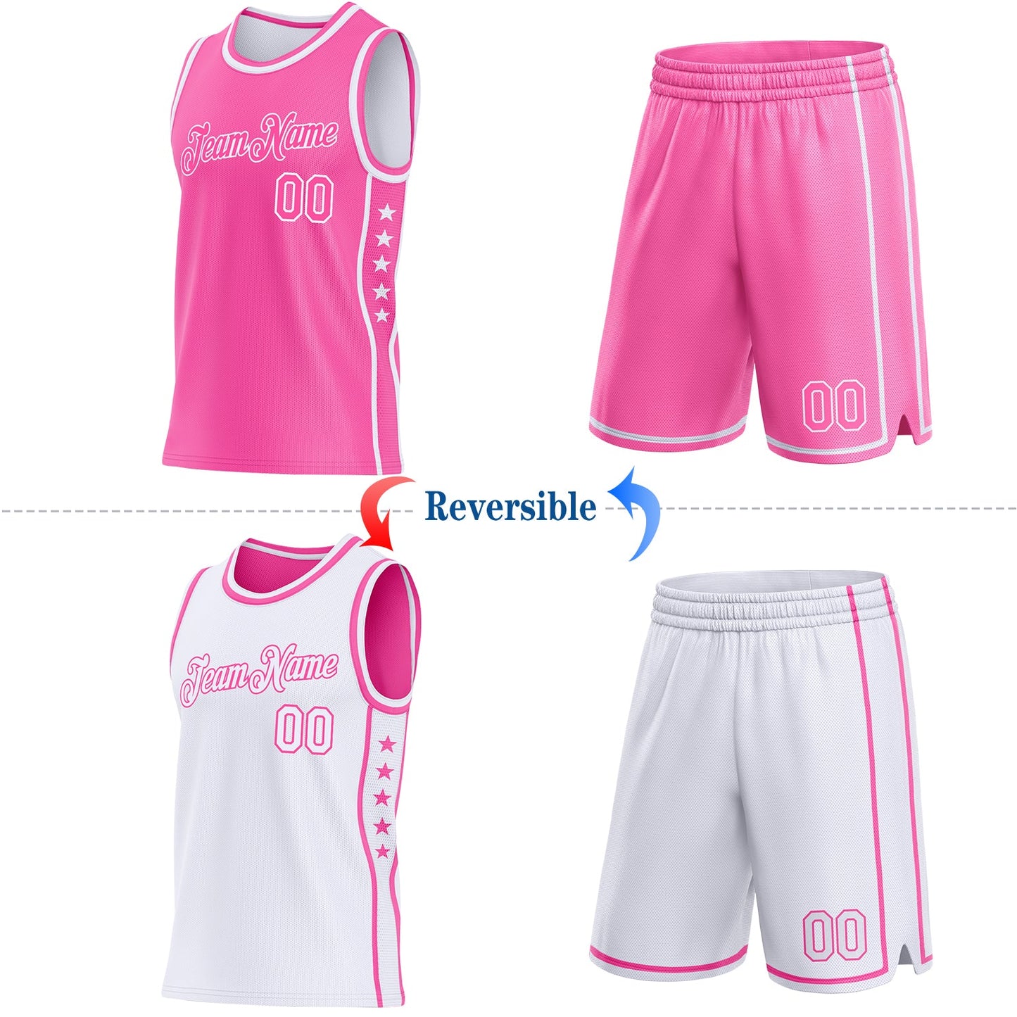 Custom Reversible Pink White Double Side Star Sublimation Basketball Set Jersey view 2