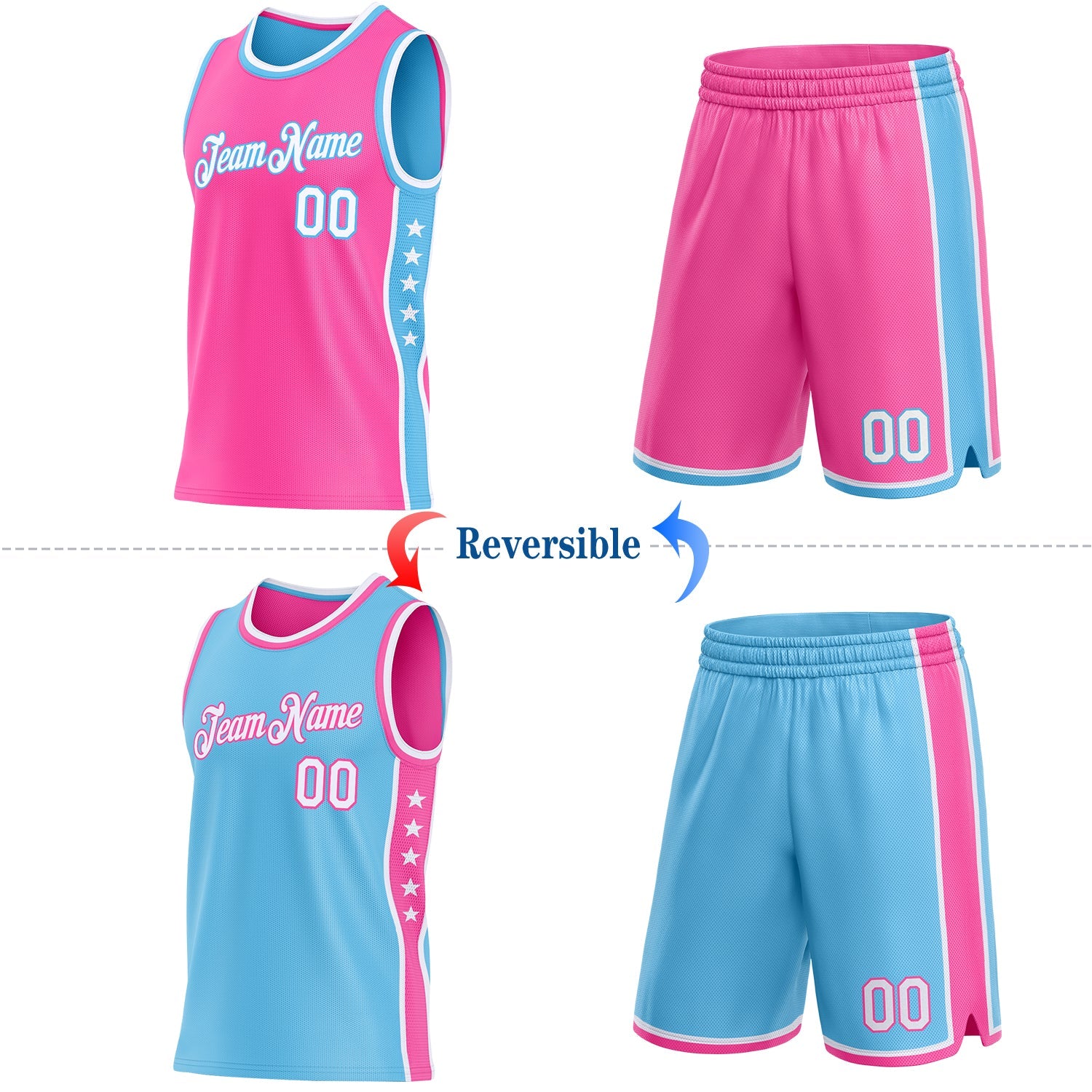 Custom Reversible Pink White-Sky Blue Double Side Star Sublimation Basketball Set Jersey view 2
