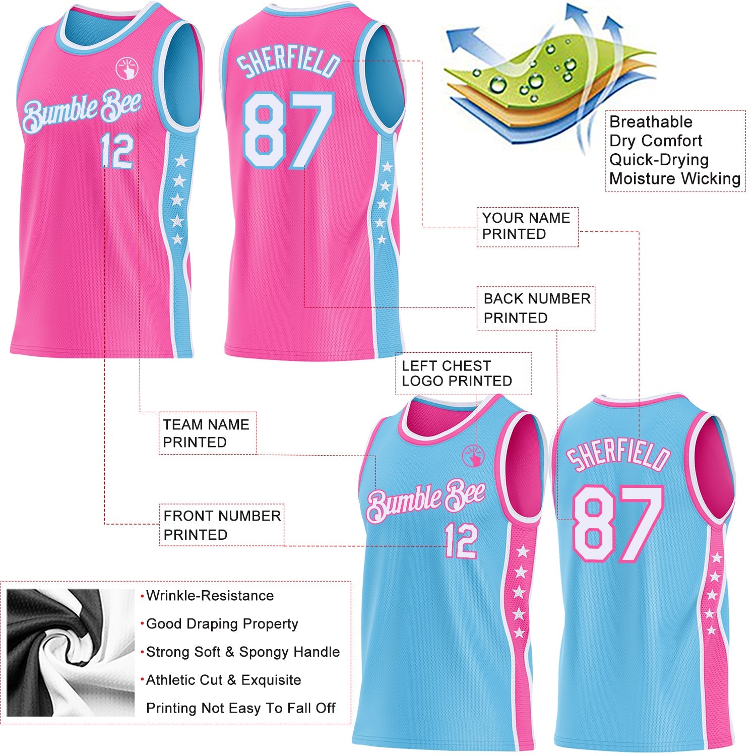Custom Reversible Pink White-Sky Blue Double Side Star Sublimation Basketball Set Jersey view 5