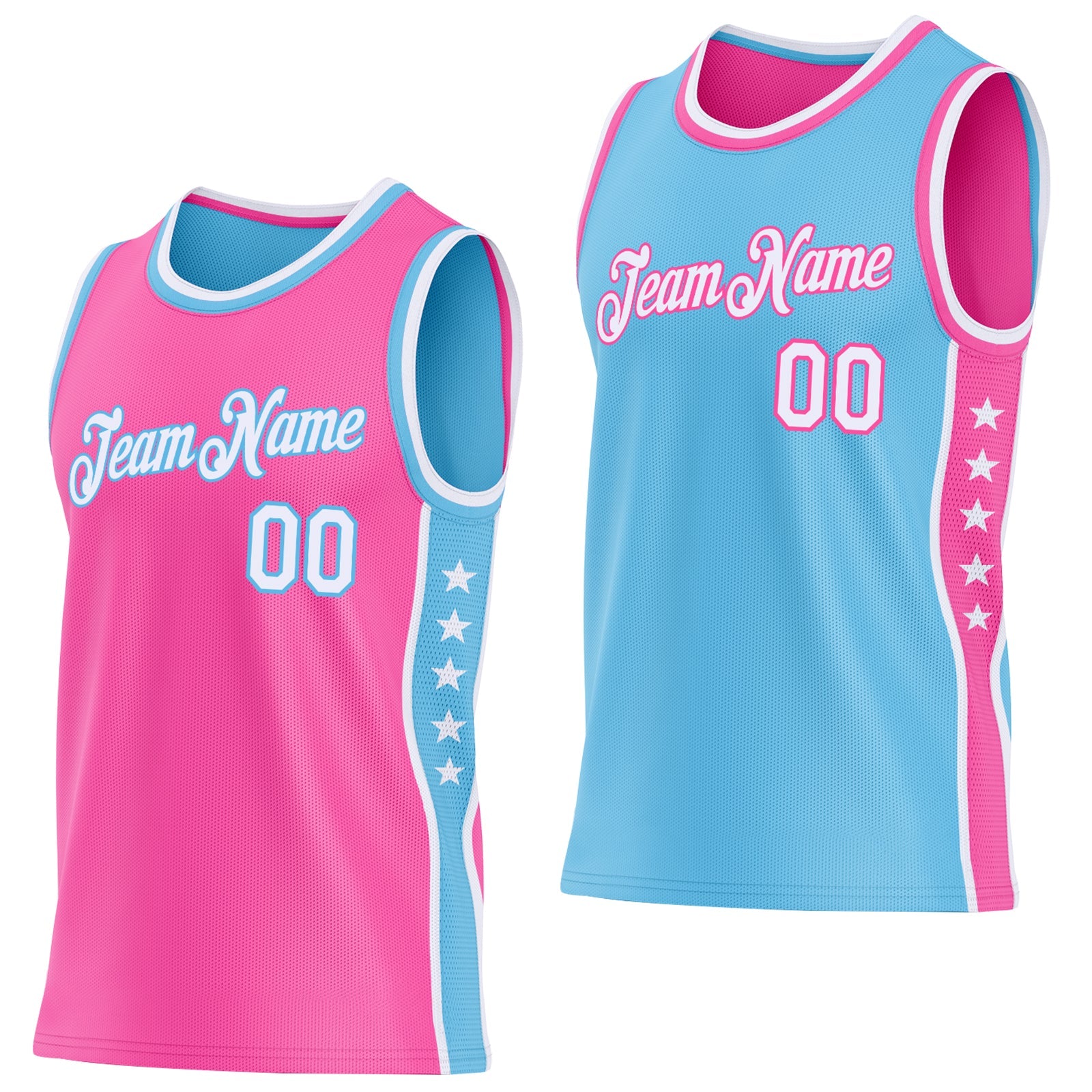 Custom Reversible Pink White-Sky Blue Double Side Star Sublimation Basketball Set Jersey - Main View