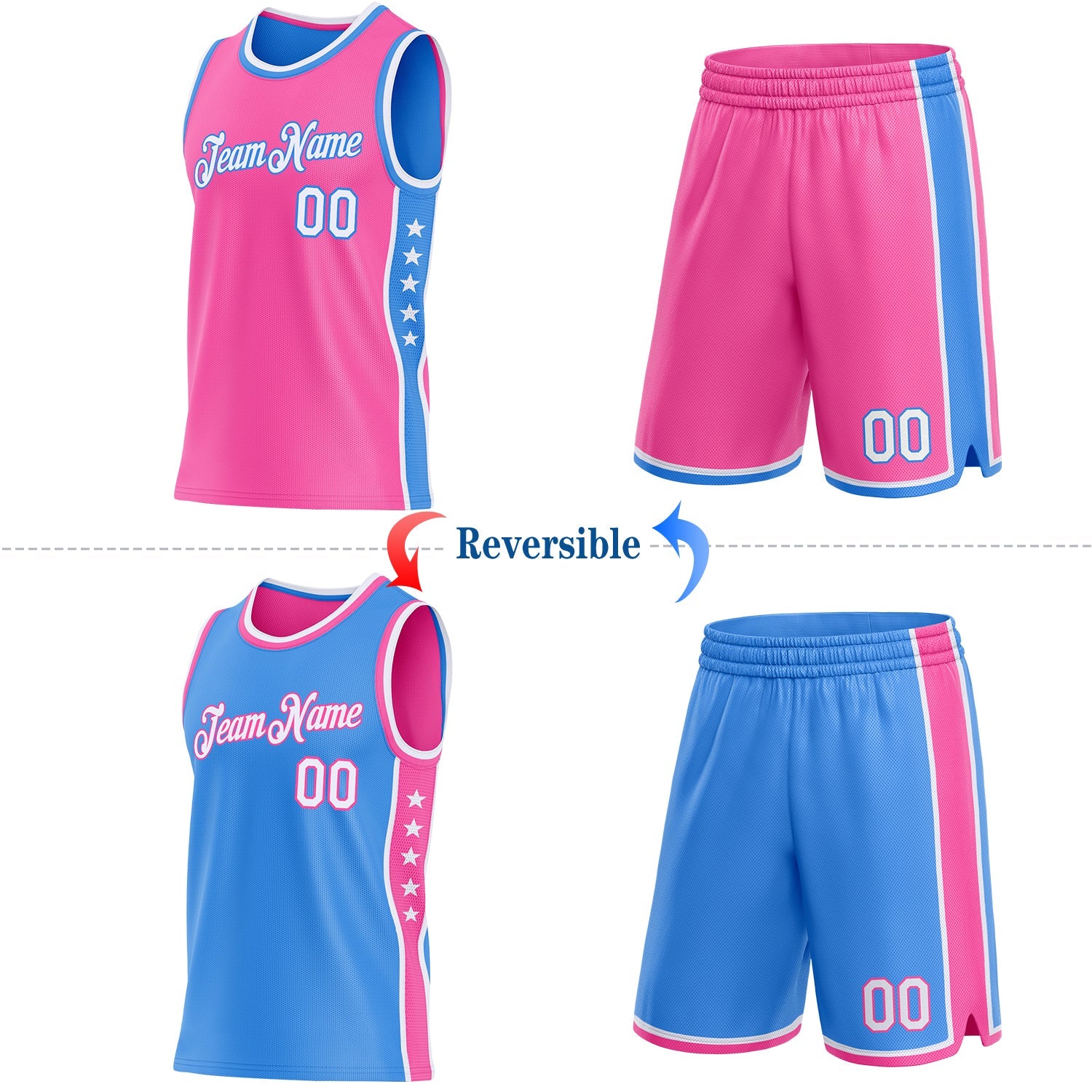 Custom Reversible Pink White-Powder Blue Double Side Star Sublimation Basketball Set Jersey view 2