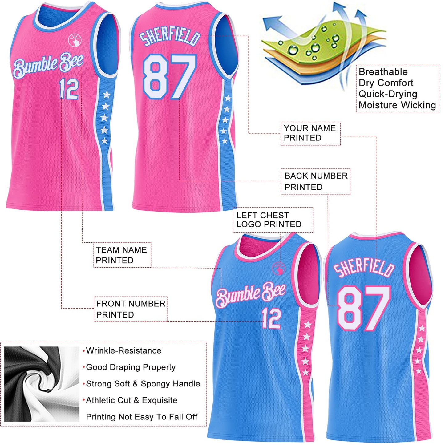 Custom Reversible Pink White-Powder Blue Double Side Star Sublimation Basketball Set Jersey view 5