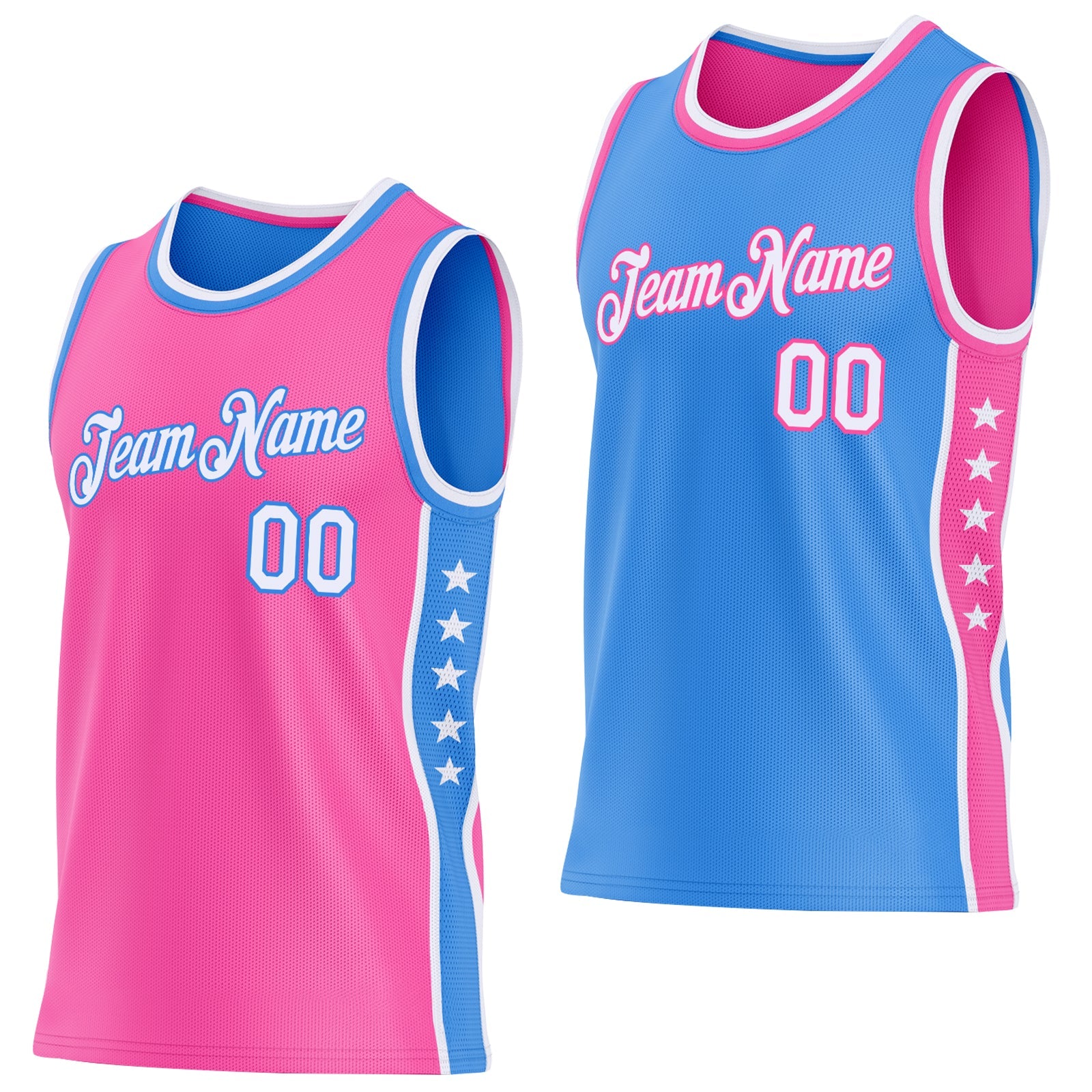 Custom Reversible Pink White-Powder Blue Double Side Star Sublimation Basketball Set Jersey - Main View