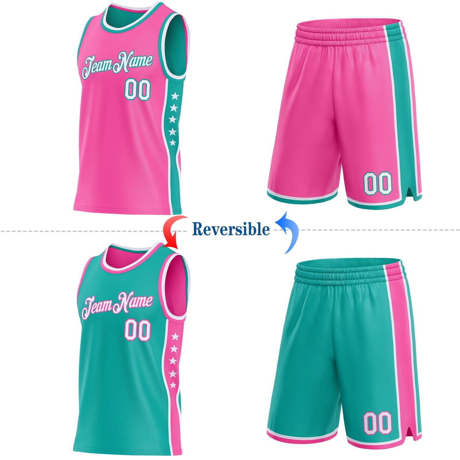 Custom Reversible Pink White-Aqua Double Side Star Sublimation Basketball Set Jersey view 2
