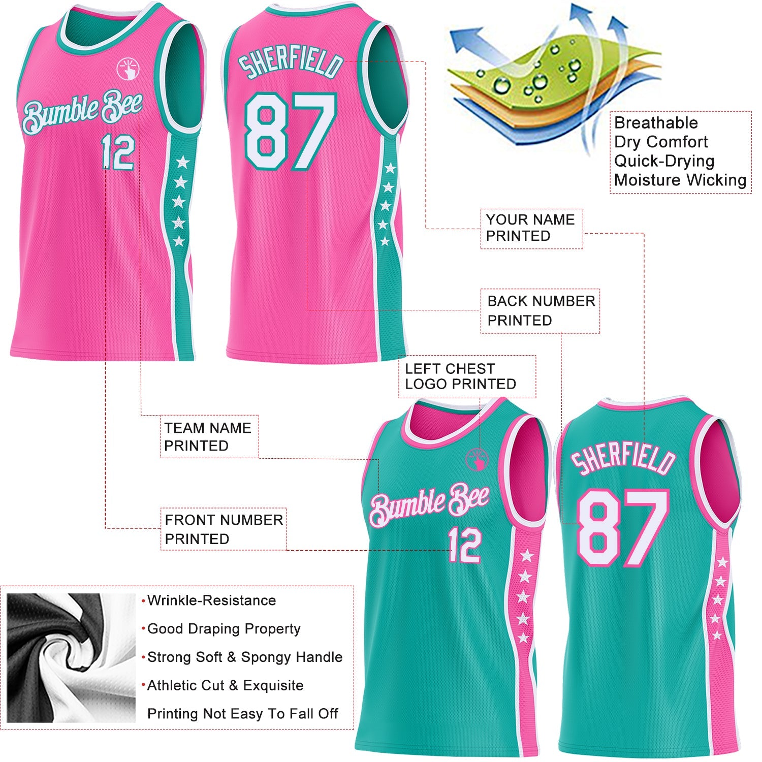 Custom Reversible Pink White-Aqua Double Side Star Sublimation Basketball Set Jersey view 5