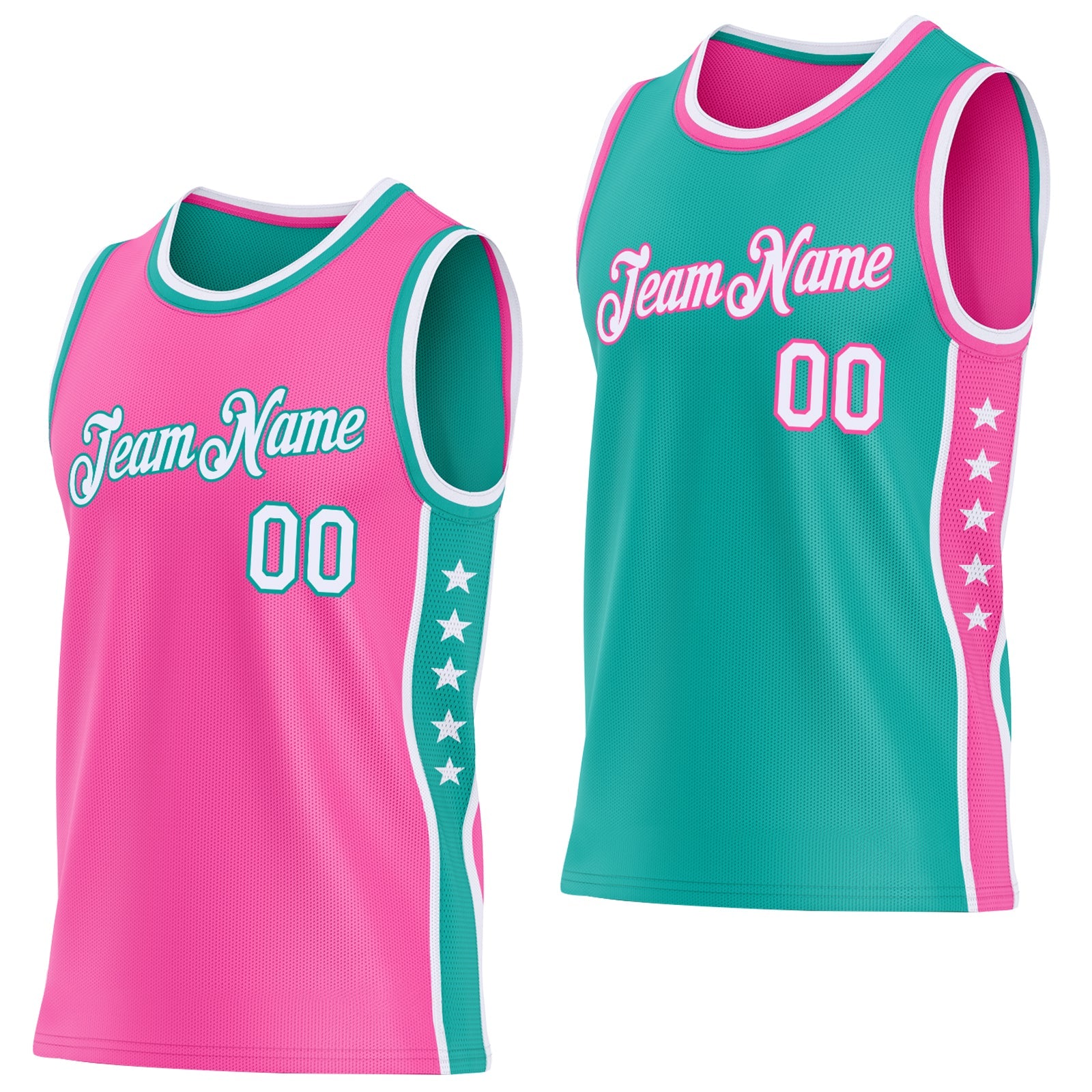 Custom Reversible Pink White-Aqua Double Side Star Sublimation Basketball Set Jersey - Main View