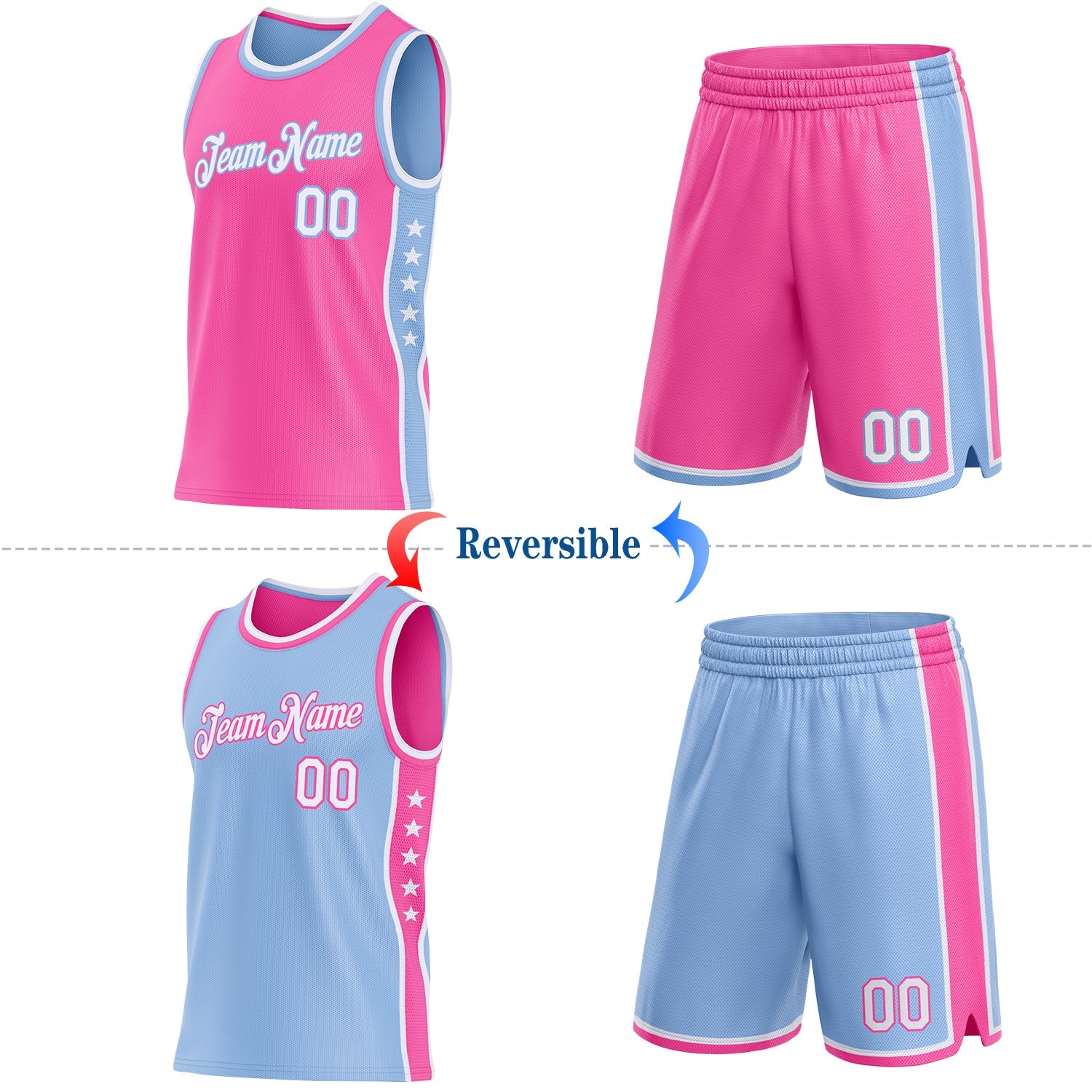 Custom Reversible Pink White-Light Blue Double Side Star Sublimation Basketball Set Jersey view 2