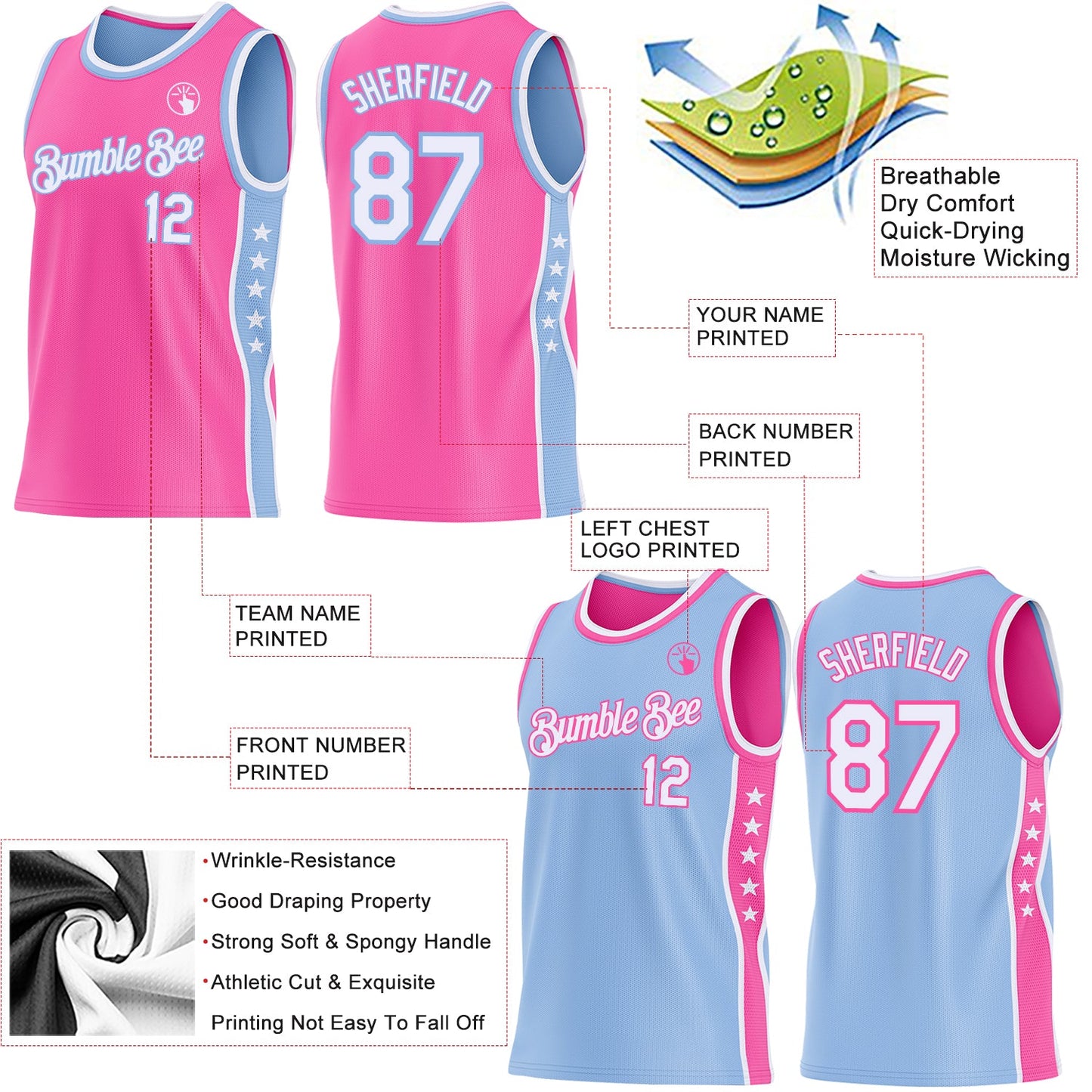 Custom Reversible Pink White-Light Blue Double Side Star Sublimation Basketball Set Jersey view 5