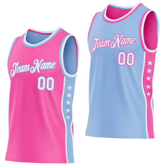Custom Reversible Pink White-Light Blue Double Side Star Sublimation Basketball Set Jersey - Main View
