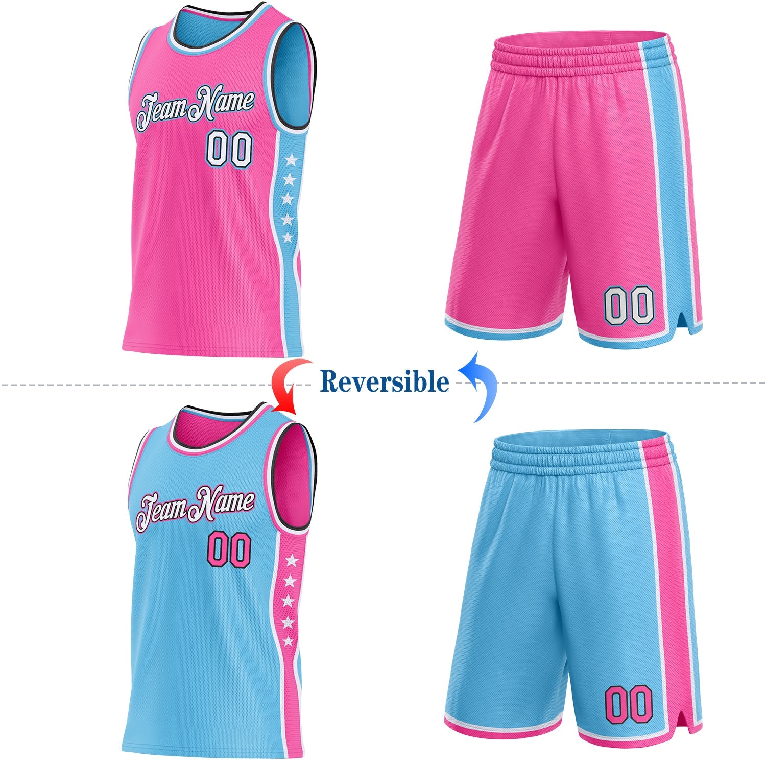 Custom Reversible Pink White Sky Blue-Black Double Side Star Sublimation Basketball Set Jersey view 2