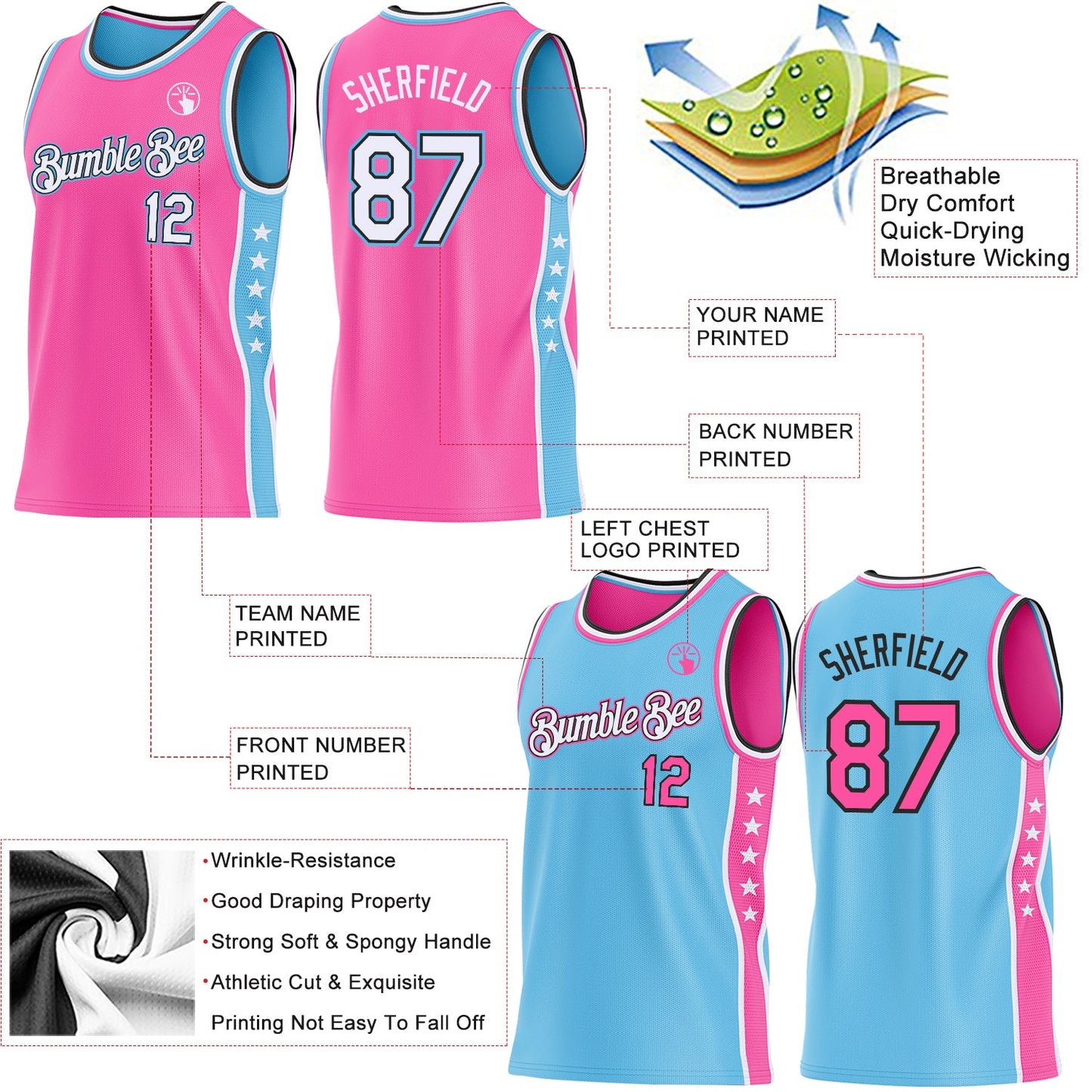 Custom Reversible Pink White Sky Blue-Black Double Side Star Sublimation Basketball Set Jersey view 5